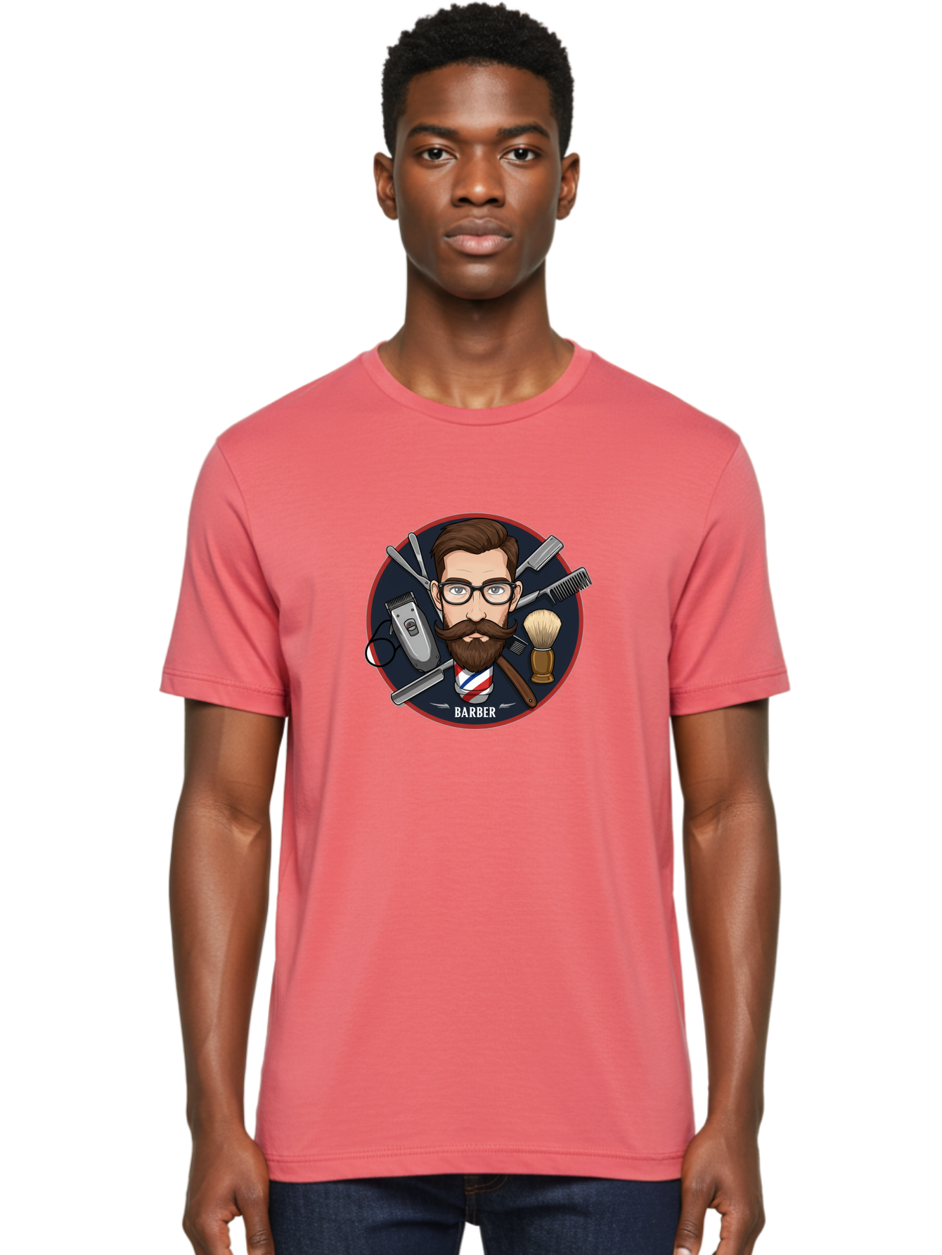 Barber-1 Men'S Graphic Tee, 100% Cotton, Comfortable Casual Summer Wear, Machine Washable, Barber Logo, Cartoon Barber, Grooming Tools, Hair Clippers, Straight Razor, Shaving Brush, Beard Care, Masculine Style, Vintage Barber Shop Bac598 29