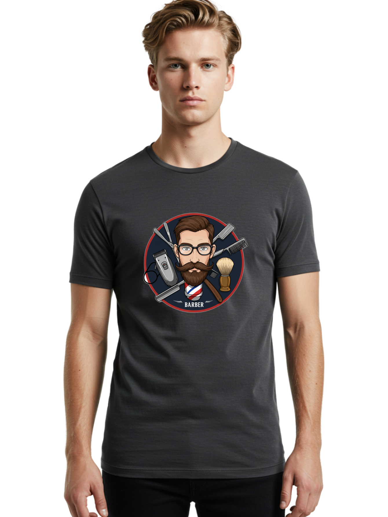 Barber-1 Men'S Graphic Tee, 100% Cotton, Comfortable Casual Summer Wear, Machine Washable, Barber Logo, Cartoon Barber, Grooming Tools, Hair Clippers, Straight Razor, Shaving Brush, Beard Care, Masculine Style, Vintage Barber Shop Bac598 27
