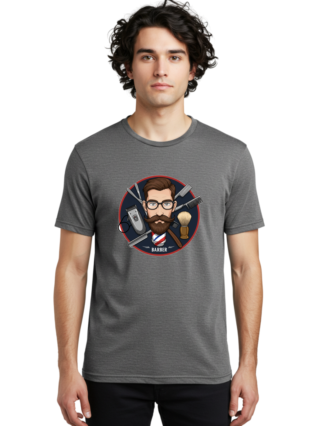 Barber-1 Men'S Graphic Tee, 100% Cotton, Comfortable Casual Summer Wear, Machine Washable, Barber Logo, Cartoon Barber, Grooming Tools, Hair Clippers, Straight Razor, Shaving Brush, Beard Care, Masculine Style, Vintage Barber Shop Bac598 26