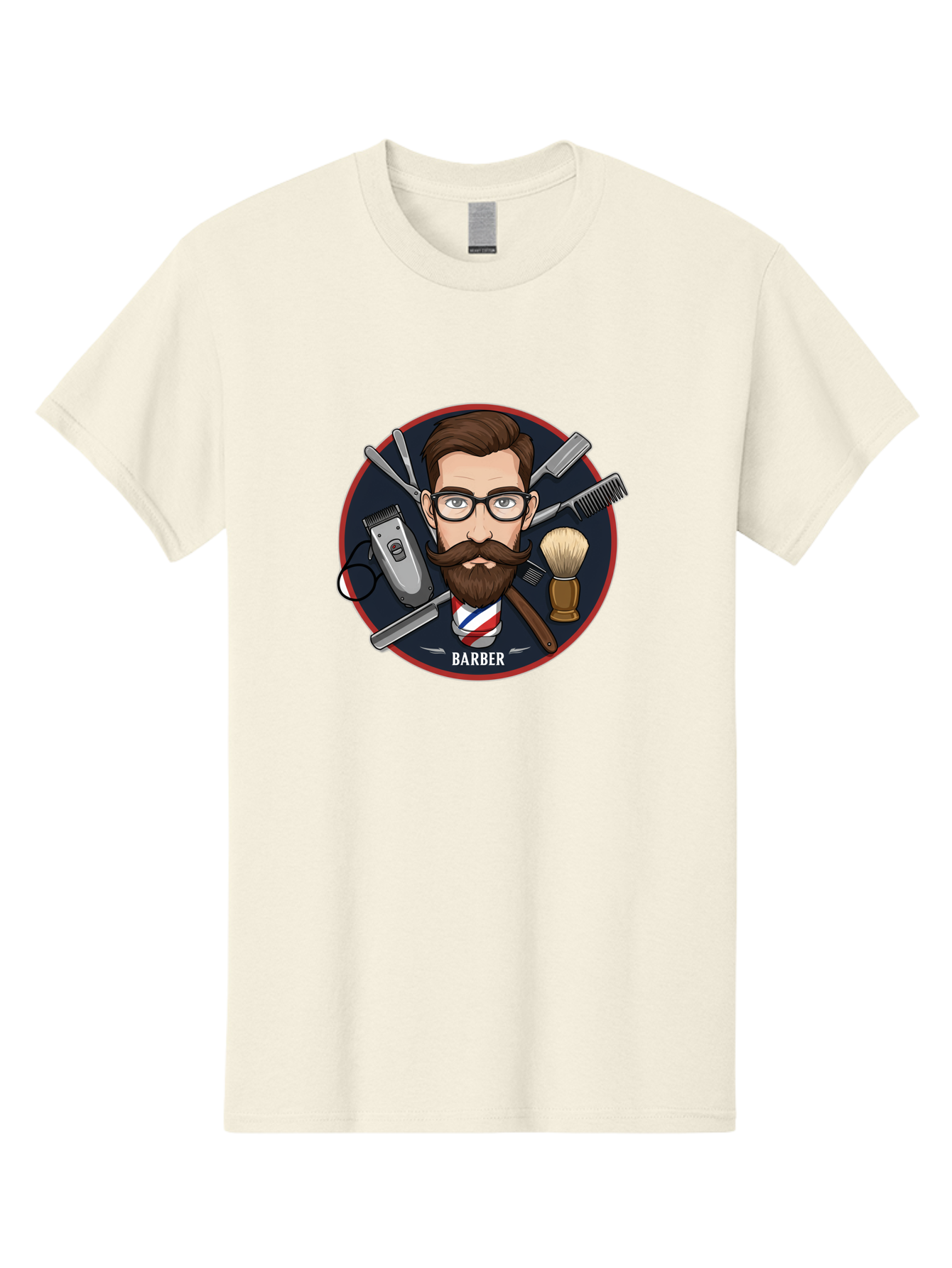 Barber-1 Men'S Graphic Tee, 100% Cotton, Comfortable Casual Summer Wear, Machine Washable, Barber Logo, Cartoon Barber, Grooming Tools, Hair Clippers, Straight Razor, Shaving Brush, Beard Care, Masculine Style, Vintage Barber Shop Bac598 1