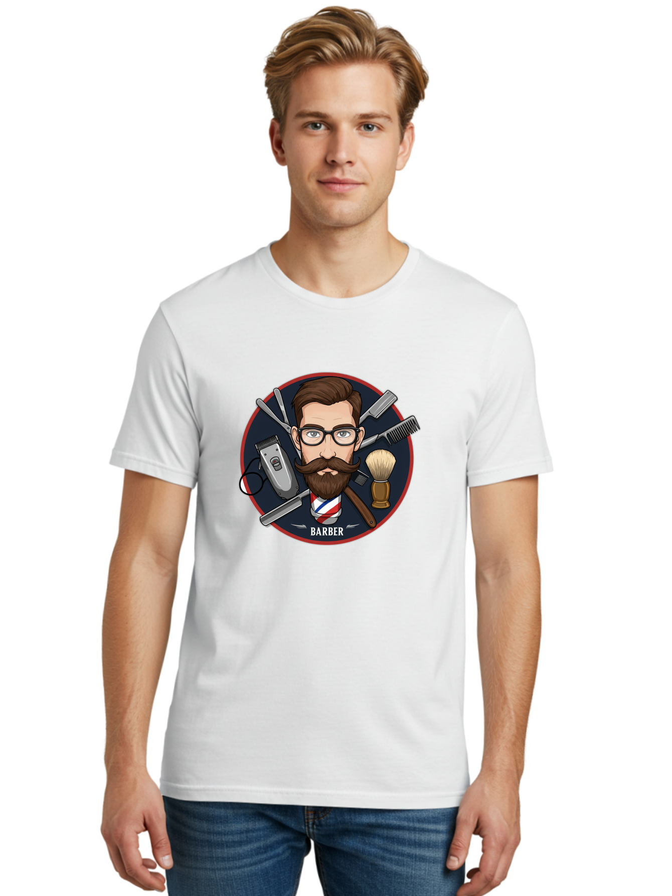 Barber-1 Men'S Graphic Tee, 100% Cotton, Comfortable Casual Summer Wear, Machine Washable, Barber Logo, Cartoon Barber, Grooming Tools, Hair Clippers, Straight Razor, Shaving Brush, Beard Care, Masculine Style, Vintage Barber Shop Bac598 17