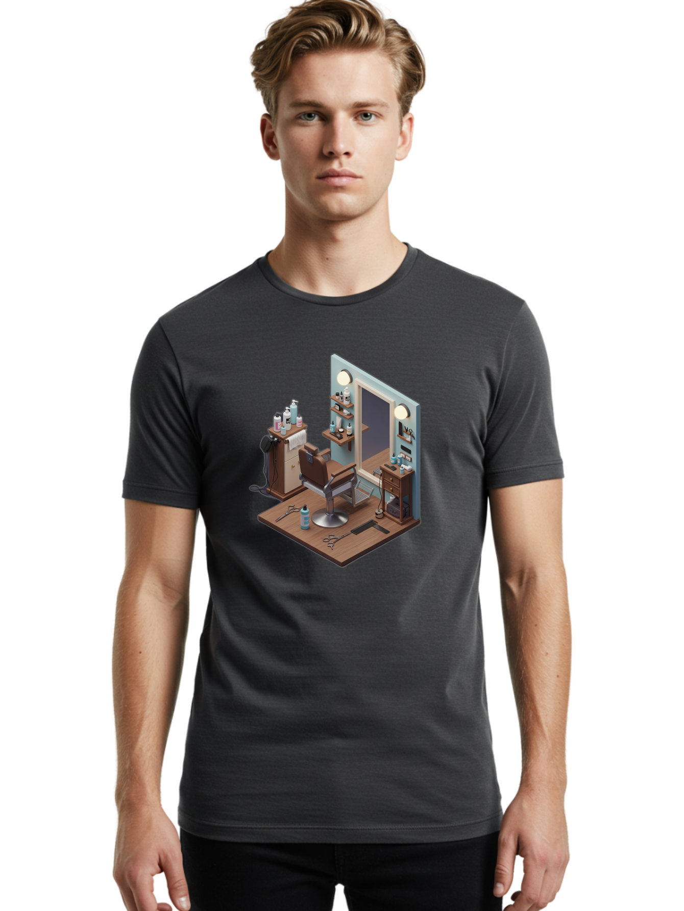 Barber-Chair-Station Men'S Graphic Tee, 100% Cotton, Comfortable Casual Summer Wear, Machine Washable, Barber Chair, Hair Cutting Tools, Grooming Products, Salon Equipment, Stylish Haircut, Modern Barbershop, Grooming Accessories, Bac600 30