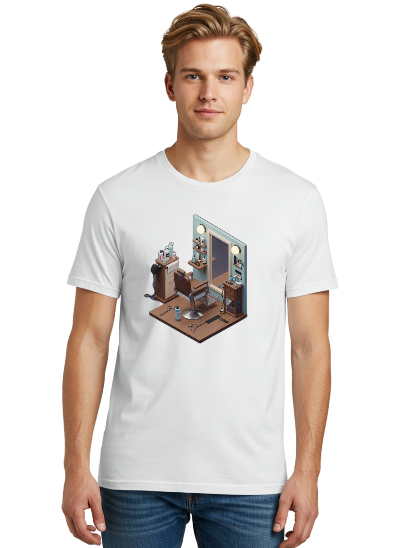 Barber-Chair-Station Men'S Graphic Tee, 100% Cotton, Comfortable Casual Summer Wear, Machine Washable, Barber Chair, Hair Cutting Tools, Grooming Products, Salon Equipment, Stylish Haircut, Modern Barbershop, Grooming Accessories, Bac600 24