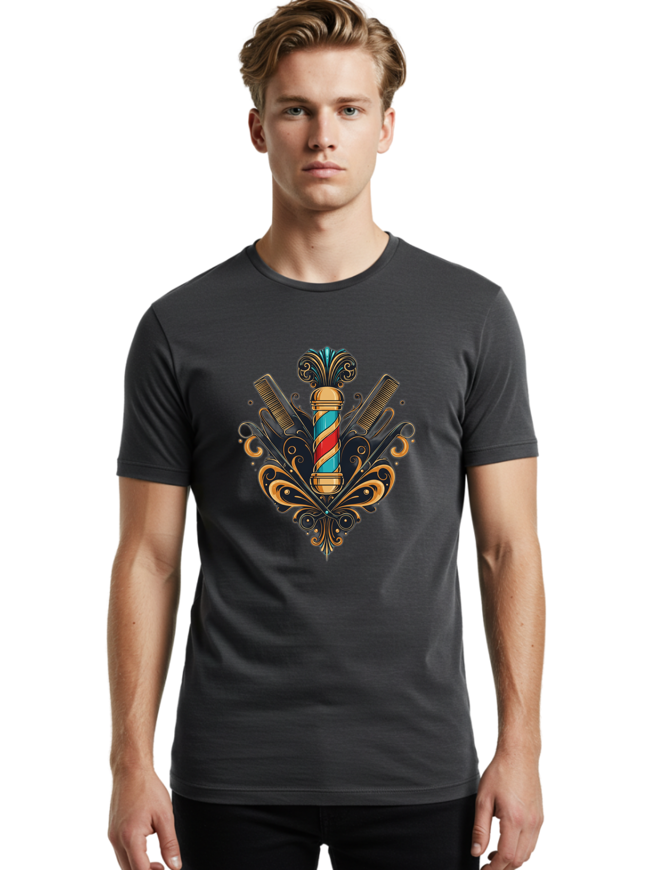 Barber-Pole-2 Men'S Graphic Tee, 100% Cotton, Comfortable Casual Summer Wear, Machine Washable, Barber Pole, Vintage Barber Shop, Grooming Tools, Ornate Design, Classic Barber, Straight Razors, Combs, Scissors, Barber Equipment, Bac604 30