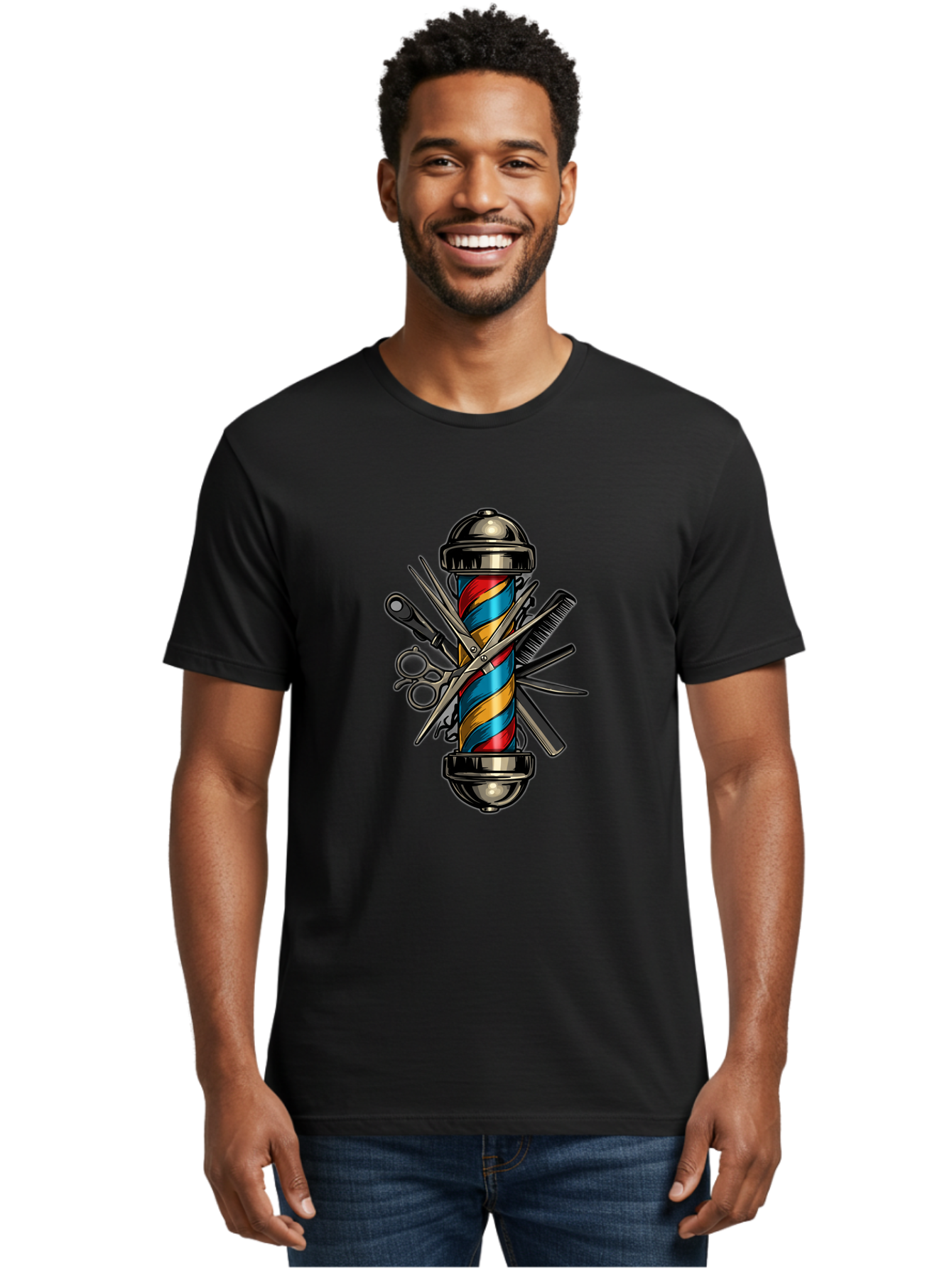Barber-Pole-3 Men'S Graphic Tee, 100% Cotton, Comfortable Casual Summer Wear, Machine Washable, Barber Pole, Barber Shop, Hairdressing, Scissors, Comb, Clippers, Barber Tools, Barber Equipment, Men'S Grooming, Salon Services Bac605 27