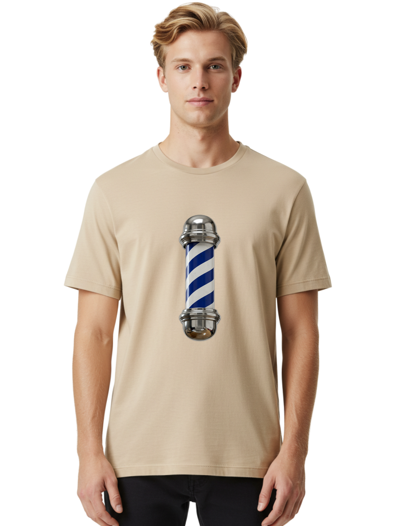 Barber-Pole Men'S Graphic Tee, 100% Cotton, Comfortable Casual Summer Wear, Machine Washable, Barber Pole, Blue And White Stripes, Silver Caps, Traditional Symbol, Barbershop Sign, Classic Design, Vintage Style, Grooming, Men'S Grooming, Bac606 30