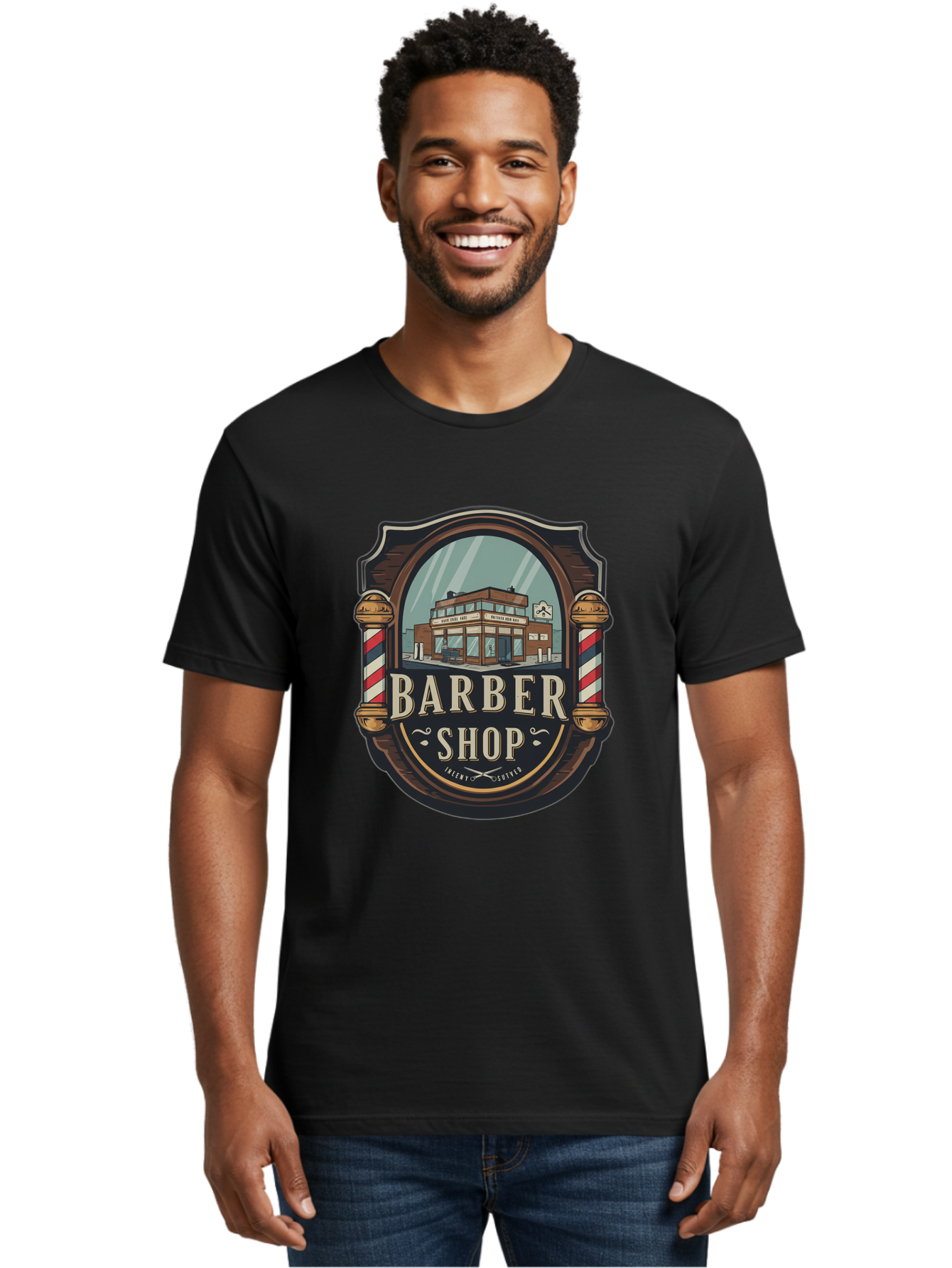 Barber-Shop-2 Men'S Graphic Tee, 100% Cotton, Comfortable Casual Summer Wear, Machine Washable, Barber Shop Logo, Vintage Barber Pole, Retro Style, Men'S Grooming, Barber Shop Sign, Classic Design, Ornate Details, Barber Shop Illustration Bac609 21