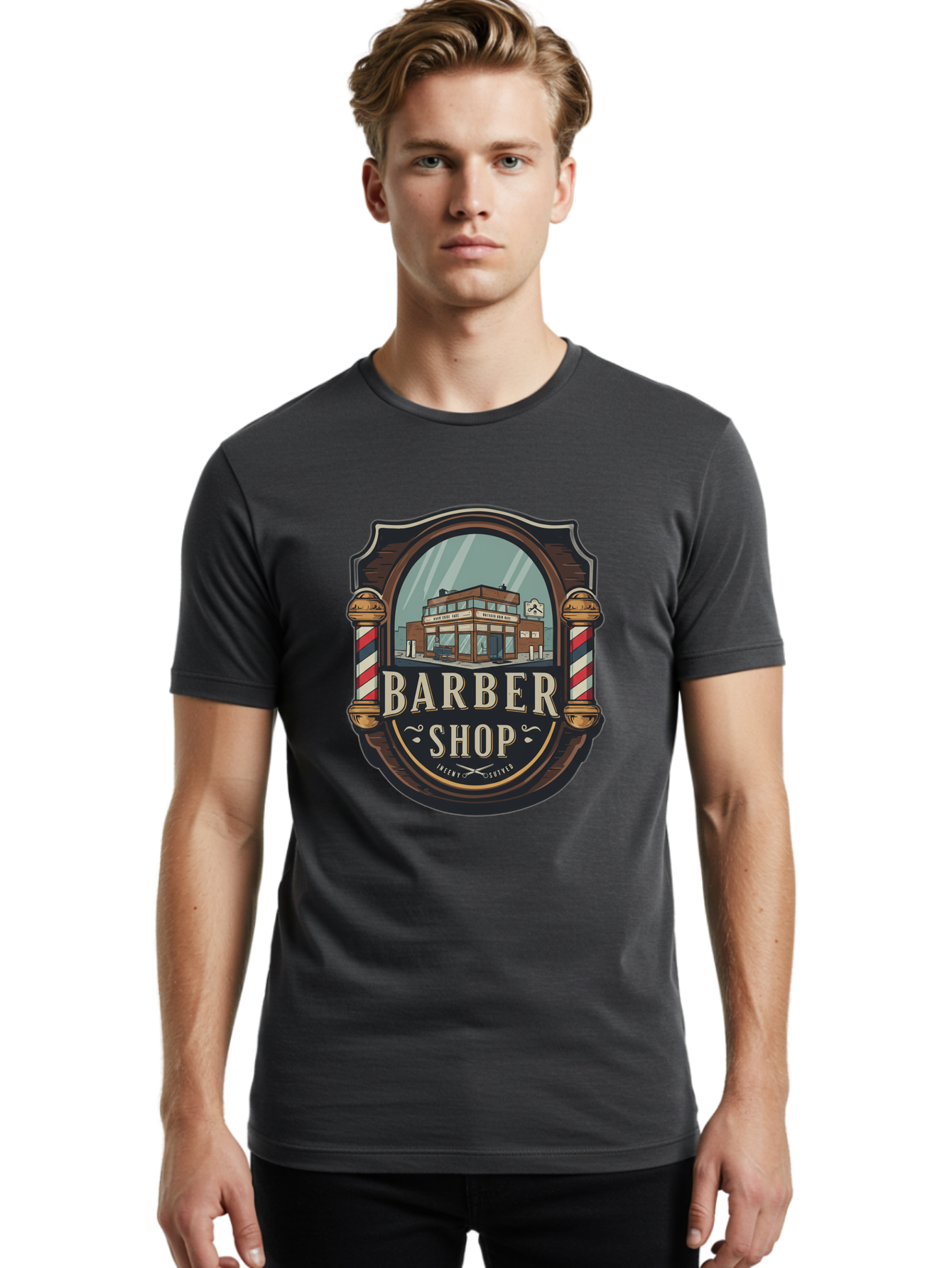 Barber-Shop-2 Men'S Graphic Tee, 100% Cotton, Comfortable Casual Summer Wear, Machine Washable, Barber Shop Logo, Vintage Barber Pole, Retro Style, Men'S Grooming, Barber Shop Sign, Classic Design, Ornate Details, Barber Shop Illustration Bac609 28
