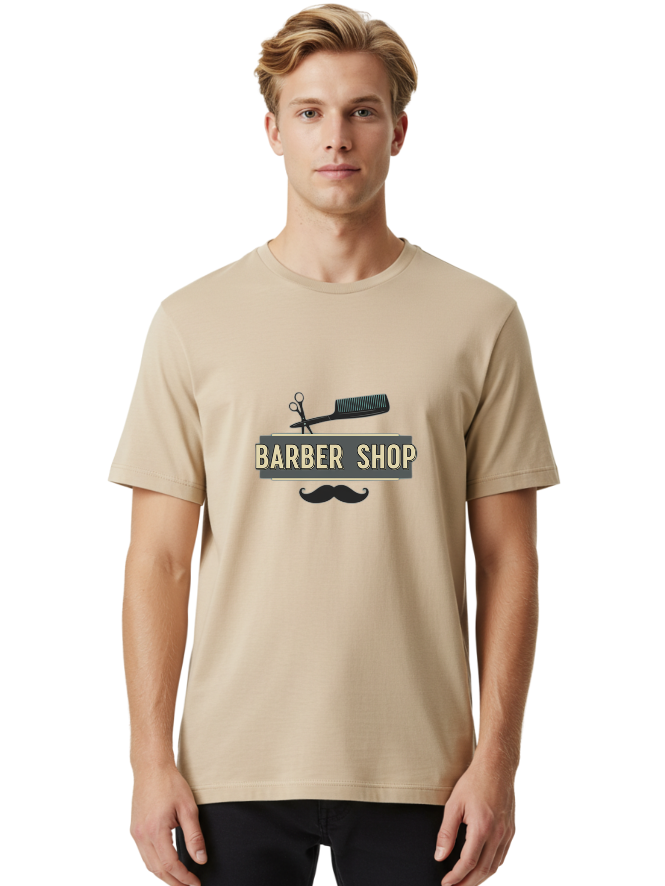 Barber-Shop Men'S Graphic Tee, 100% Cotton, Comfortable Casual Summer Wear, Machine Washable, Barber Shop Logo, Barber Shop Sign, Grooming Tools, Scissors, Comb, Mustache, Men'S Grooming, Barber Services, Haircut, Beard Care, Styling Bac611 24