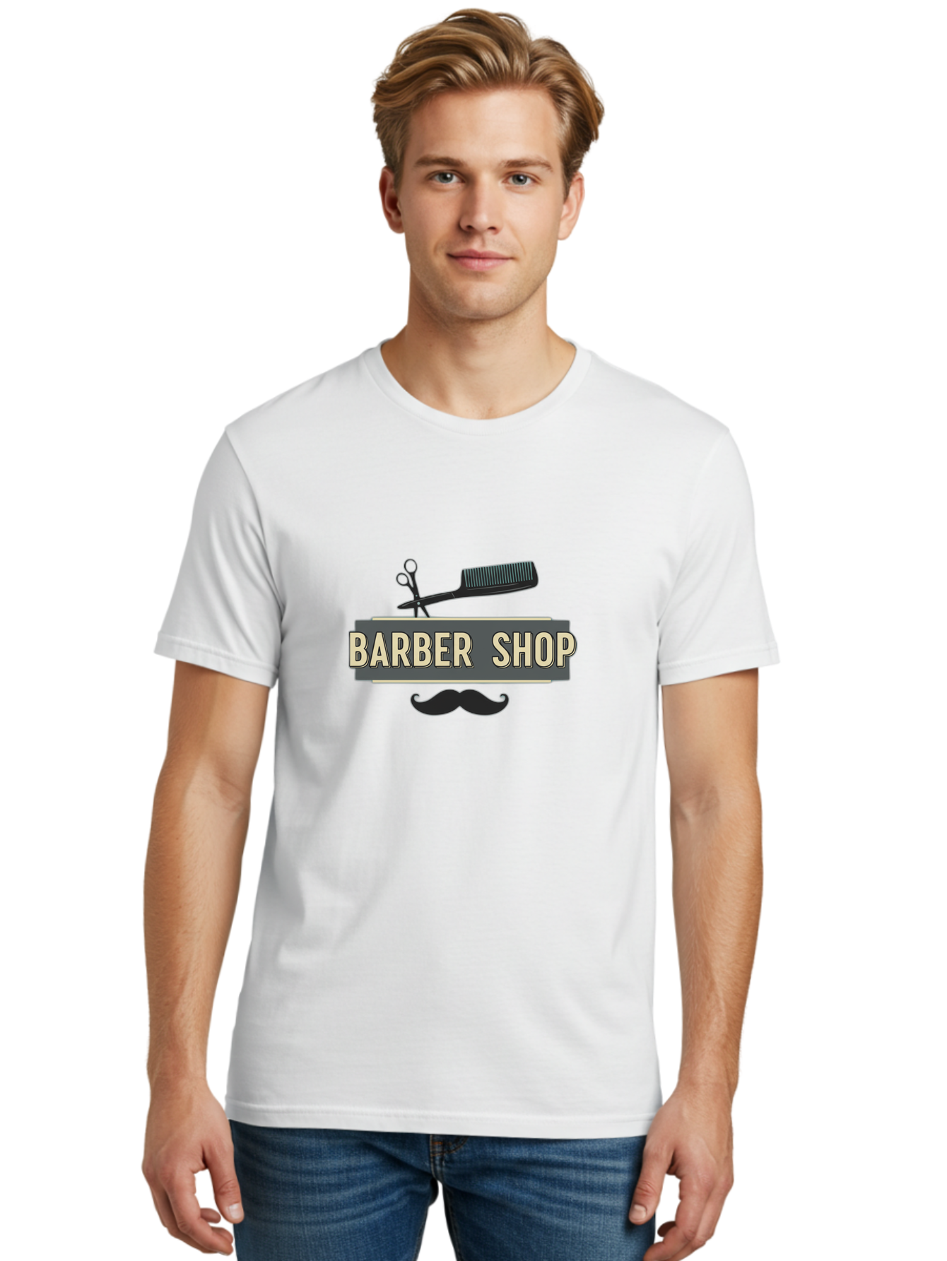 Barber-Shop Men'S Graphic Tee, 100% Cotton, Comfortable Casual Summer Wear, Machine Washable, Barber Shop Logo, Barber Shop Sign, Grooming Tools, Scissors, Comb, Mustache, Men'S Grooming, Barber Services, Haircut, Beard Care, Styling Bac611 26