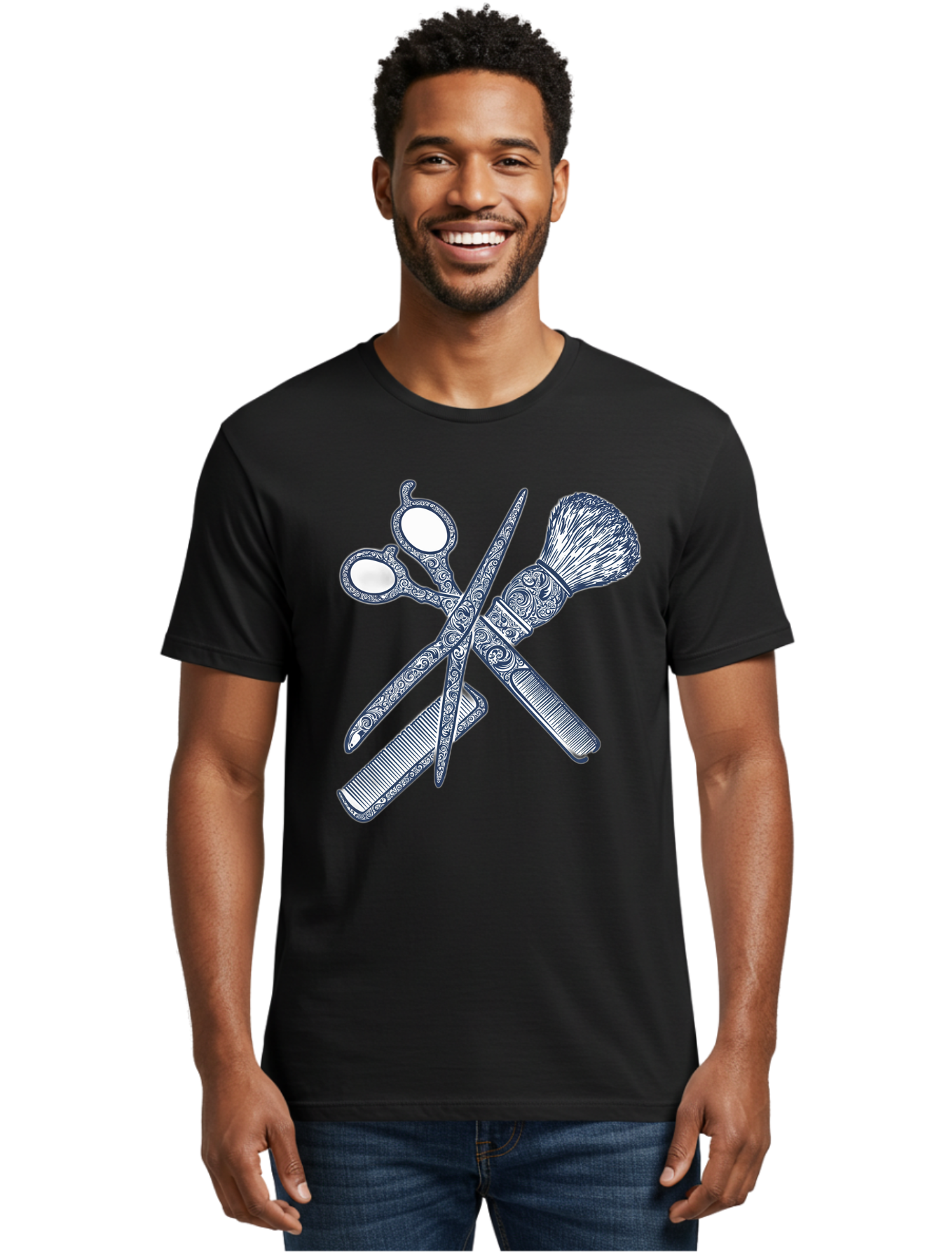Barber-Tools Men'S Graphic Tee, 100% Cotton, Comfortable Casual Summer Wear, Machine Washable, Barber Scissors, Straight Razor, Shaving Brush, Vintage Grooming, Men'S Grooming, Classic Barber Shop, Antique Styling, Ornate Details, Bac612 16