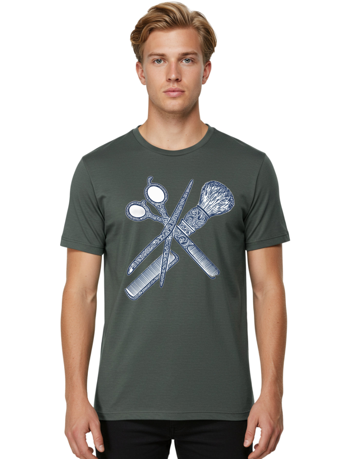 Barber-Tools Men'S Graphic Tee, 100% Cotton, Comfortable Casual Summer Wear, Machine Washable, Barber Scissors, Straight Razor, Shaving Brush, Vintage Grooming, Men'S Grooming, Classic Barber Shop, Antique Styling, Ornate Details, Bac612 28