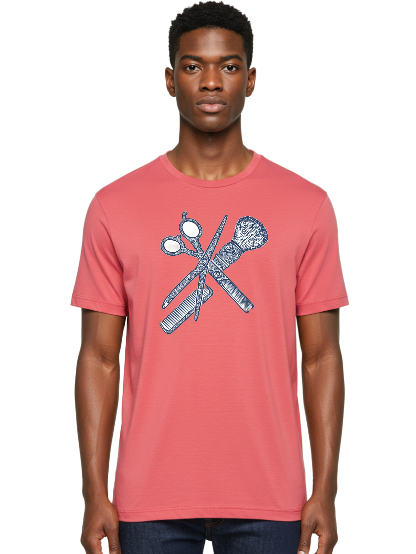 Barber-Tools Men'S Graphic Tee, 100% Cotton, Comfortable Casual Summer Wear, Machine Washable, Barber Scissors, Straight Razor, Shaving Brush, Vintage Grooming, Men'S Grooming, Classic Barber Shop, Antique Styling, Ornate Details, Bac612 26