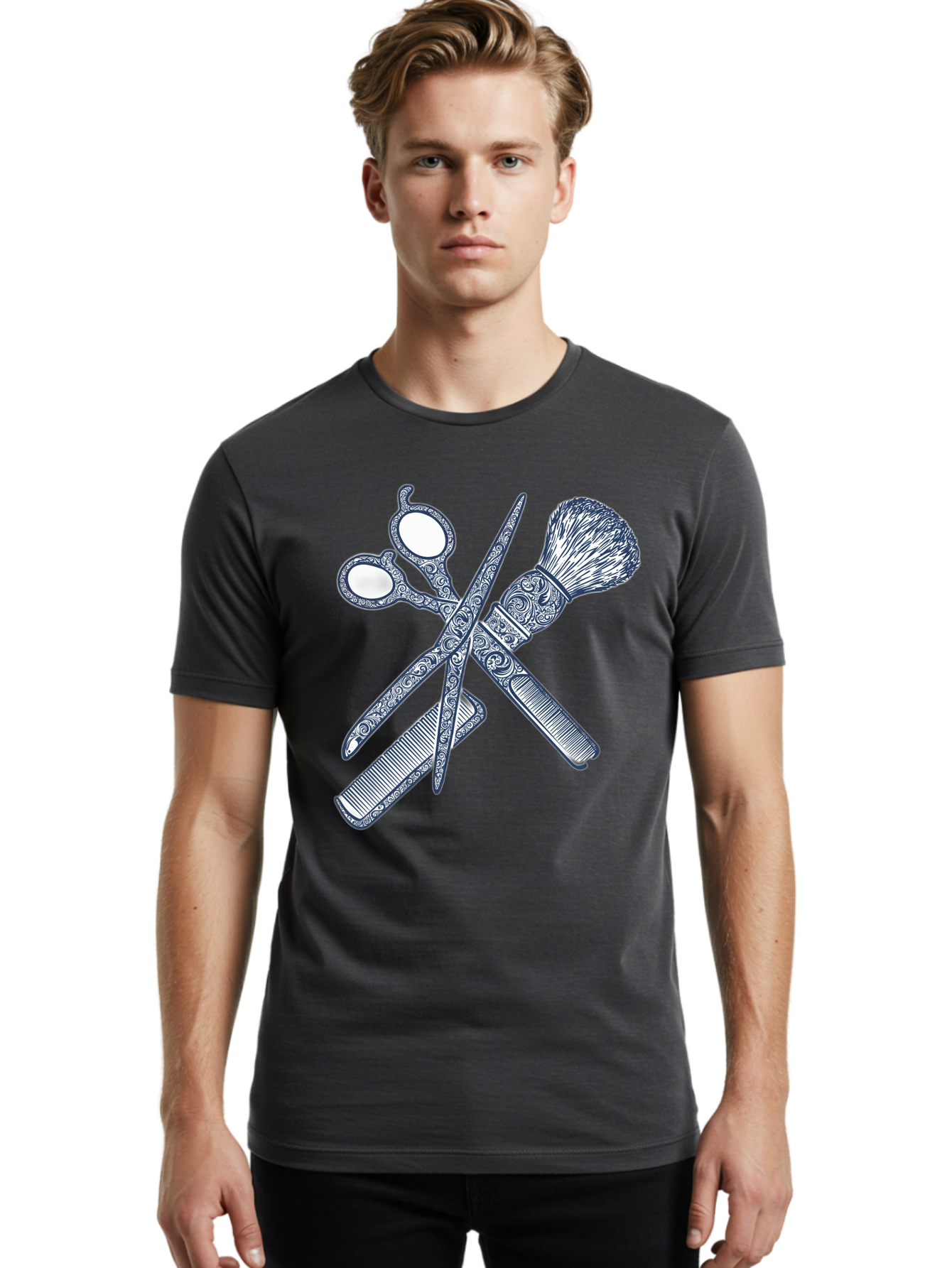 Barber-Tools Men'S Graphic Tee, 100% Cotton, Comfortable Casual Summer Wear, Machine Washable, Barber Scissors, Straight Razor, Shaving Brush, Vintage Grooming, Men'S Grooming, Classic Barber Shop, Antique Styling, Ornate Details, Bac612 27