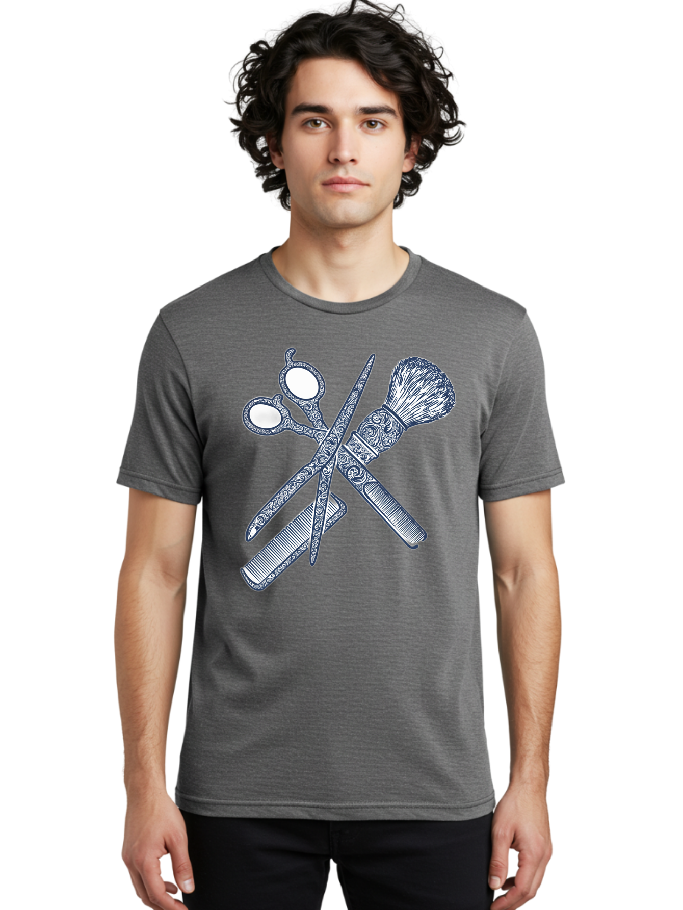 Barber-Tools Men'S Graphic Tee, 100% Cotton, Comfortable Casual Summer Wear, Machine Washable, Barber Scissors, Straight Razor, Shaving Brush, Vintage Grooming, Men'S Grooming, Classic Barber Shop, Antique Styling, Ornate Details, Bac612 24