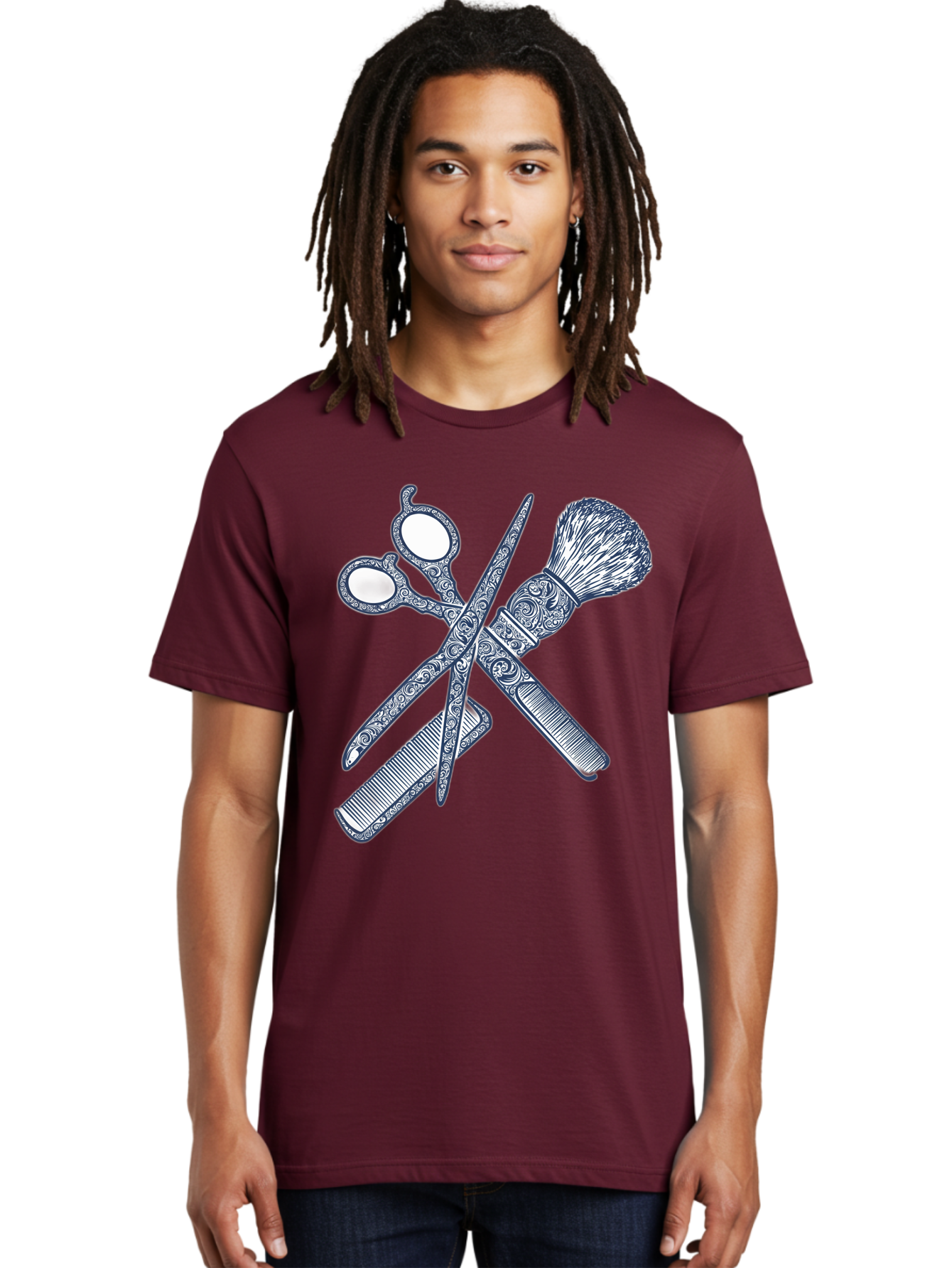 Barber-Tools Men'S Graphic Tee, 100% Cotton, Comfortable Casual Summer Wear, Machine Washable, Barber Scissors, Straight Razor, Shaving Brush, Vintage Grooming, Men'S Grooming, Classic Barber Shop, Antique Styling, Ornate Details, Bac612 23