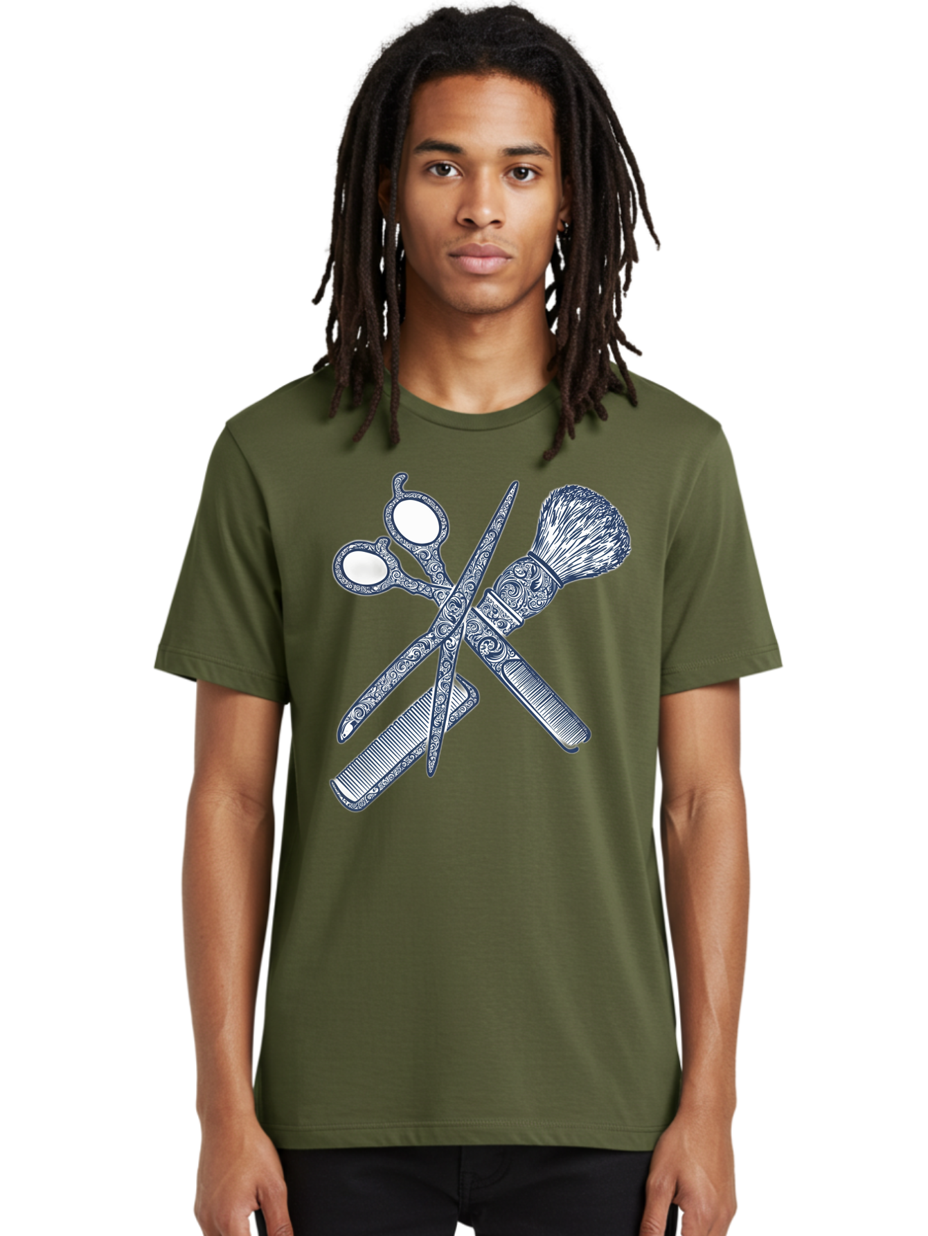 Barber-Tools Men'S Graphic Tee, 100% Cotton, Comfortable Casual Summer Wear, Machine Washable, Barber Scissors, Straight Razor, Shaving Brush, Vintage Grooming, Men'S Grooming, Classic Barber Shop, Antique Styling, Ornate Details, Bac612 17