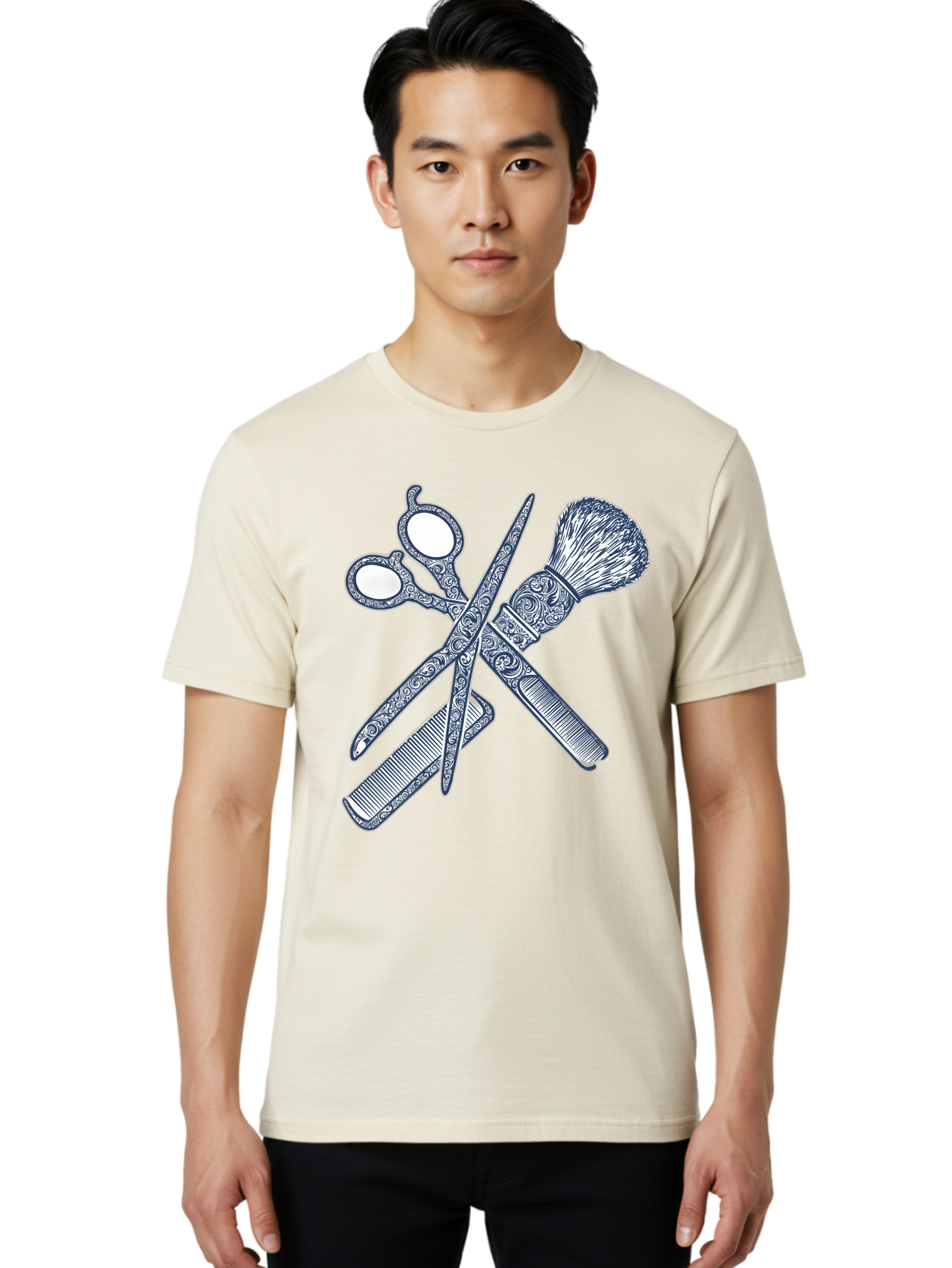 Barber-Tools Men'S Graphic Tee, 100% Cotton, Comfortable Casual Summer Wear, Machine Washable, Barber Scissors, Straight Razor, Shaving Brush, Vintage Grooming, Men'S Grooming, Classic Barber Shop, Antique Styling, Ornate Details, Bac612 30