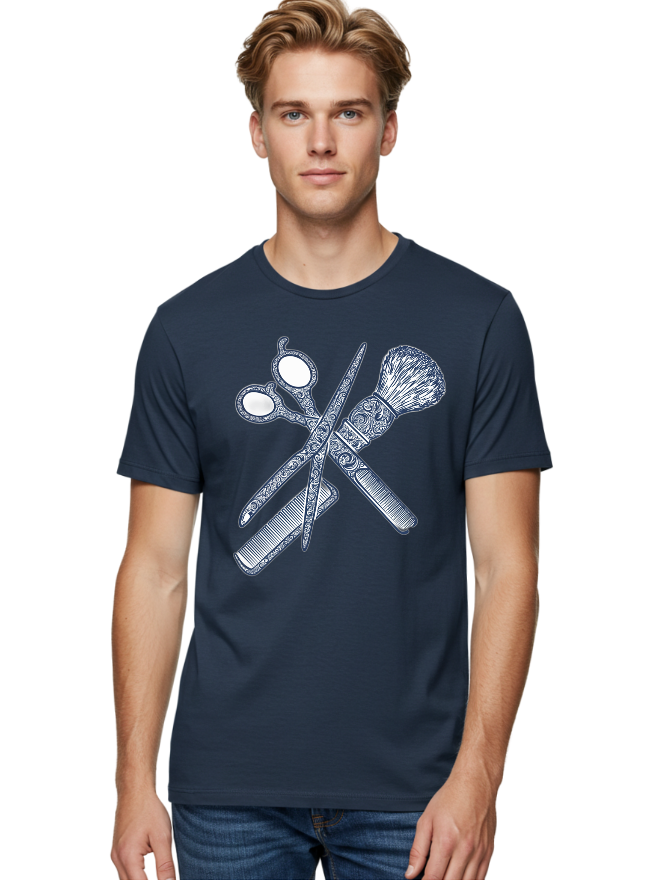 Barber-Tools Men'S Graphic Tee, 100% Cotton, Comfortable Casual Summer Wear, Machine Washable, Barber Scissors, Straight Razor, Shaving Brush, Vintage Grooming, Men'S Grooming, Classic Barber Shop, Antique Styling, Ornate Details, Bac612 19