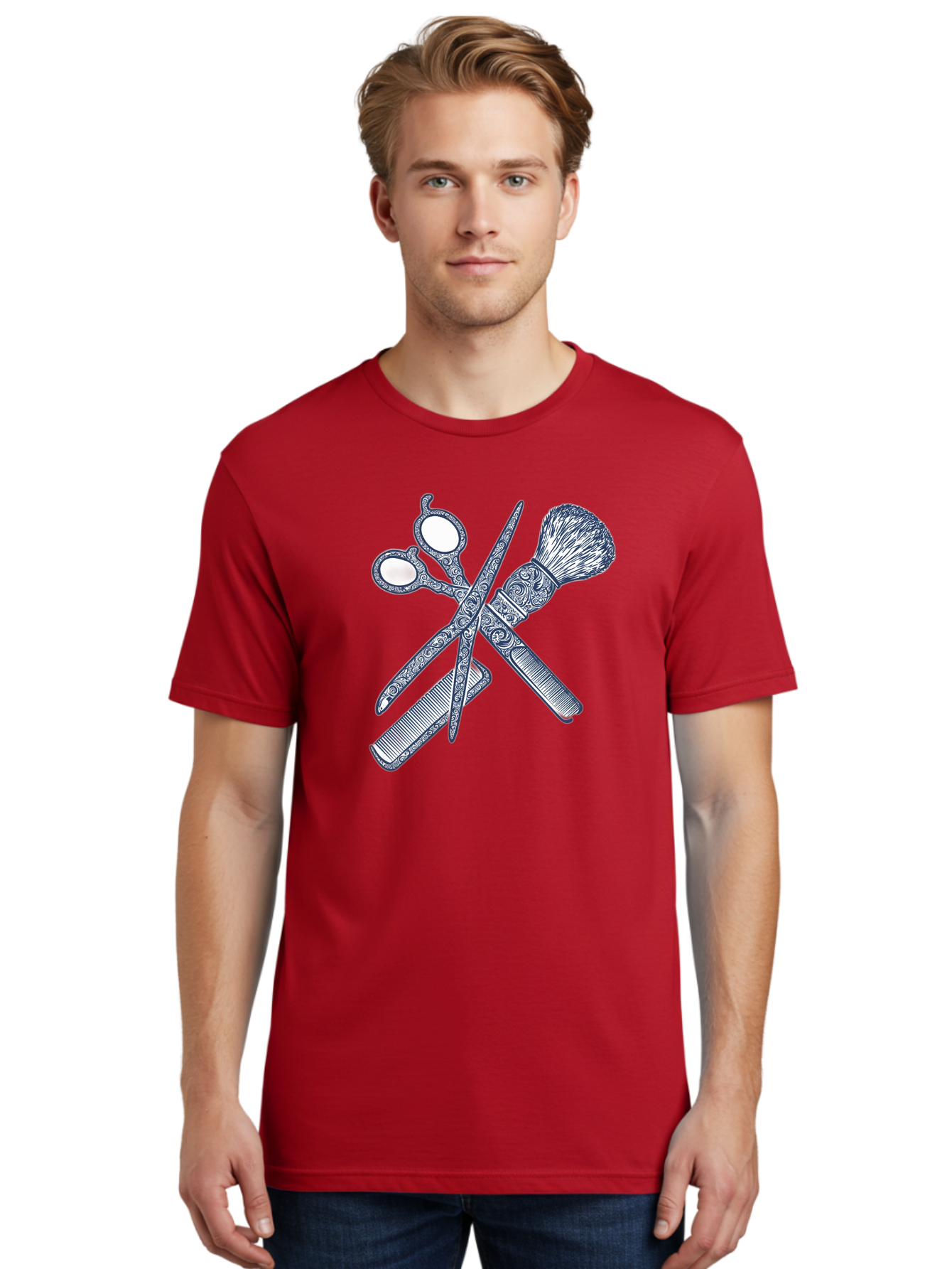 Barber-Tools Men'S Graphic Tee, 100% Cotton, Comfortable Casual Summer Wear, Machine Washable, Barber Scissors, Straight Razor, Shaving Brush, Vintage Grooming, Men'S Grooming, Classic Barber Shop, Antique Styling, Ornate Details, Bac612 29