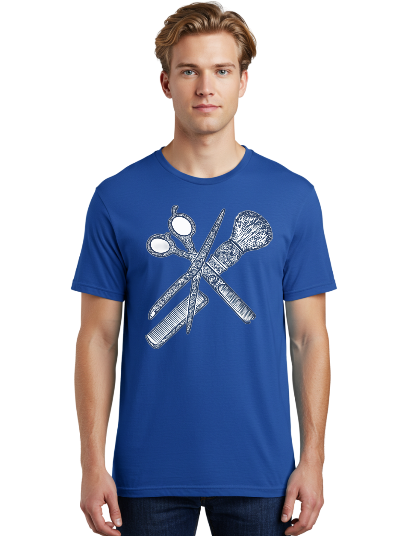 Barber-Tools Men'S Graphic Tee, 100% Cotton, Comfortable Casual Summer Wear, Machine Washable, Barber Scissors, Straight Razor, Shaving Brush, Vintage Grooming, Men'S Grooming, Classic Barber Shop, Antique Styling, Ornate Details, Bac612 22