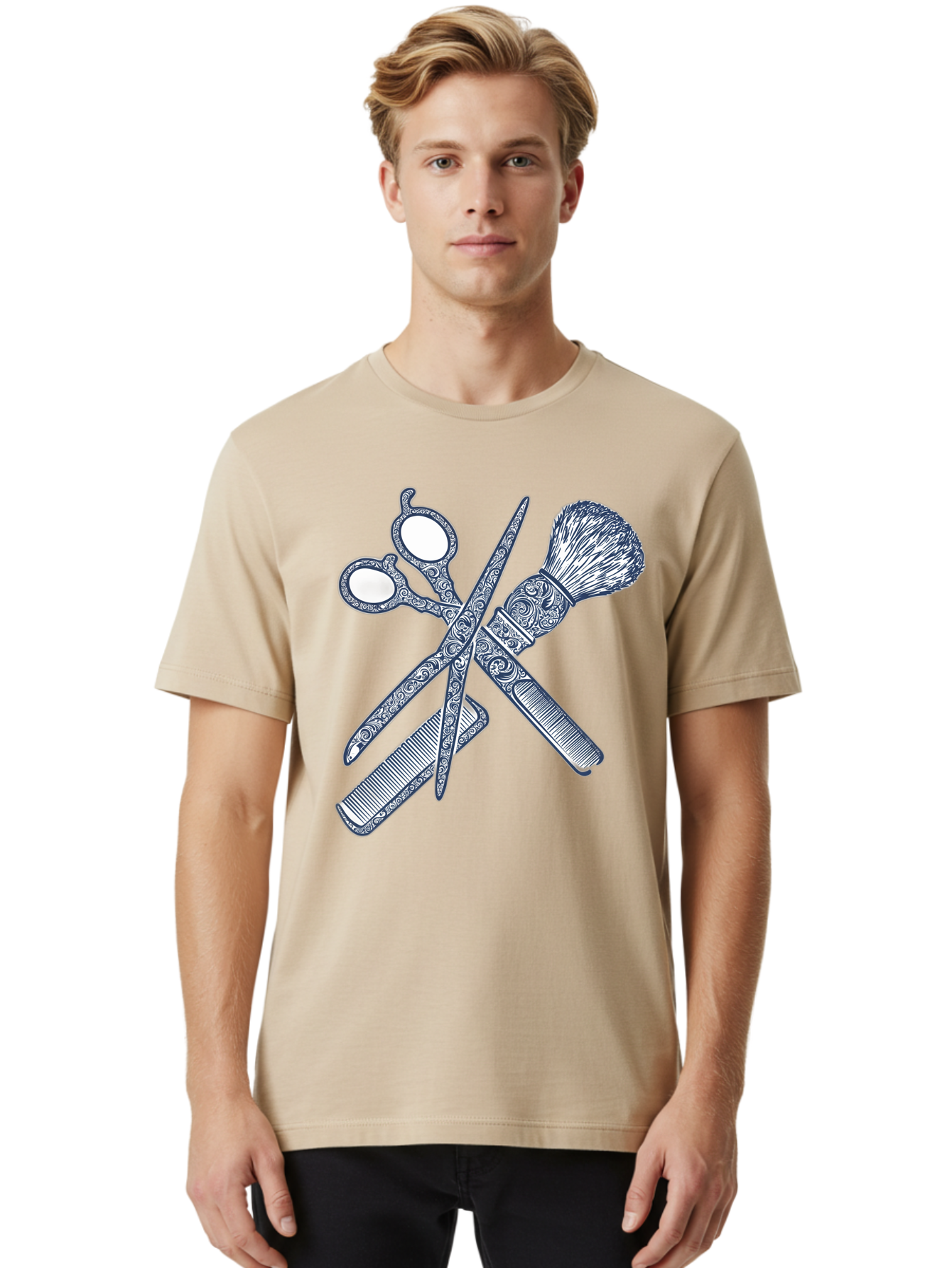 Barber-Tools Men'S Graphic Tee, 100% Cotton, Comfortable Casual Summer Wear, Machine Washable, Barber Scissors, Straight Razor, Shaving Brush, Vintage Grooming, Men'S Grooming, Classic Barber Shop, Antique Styling, Ornate Details, Bac612 20
