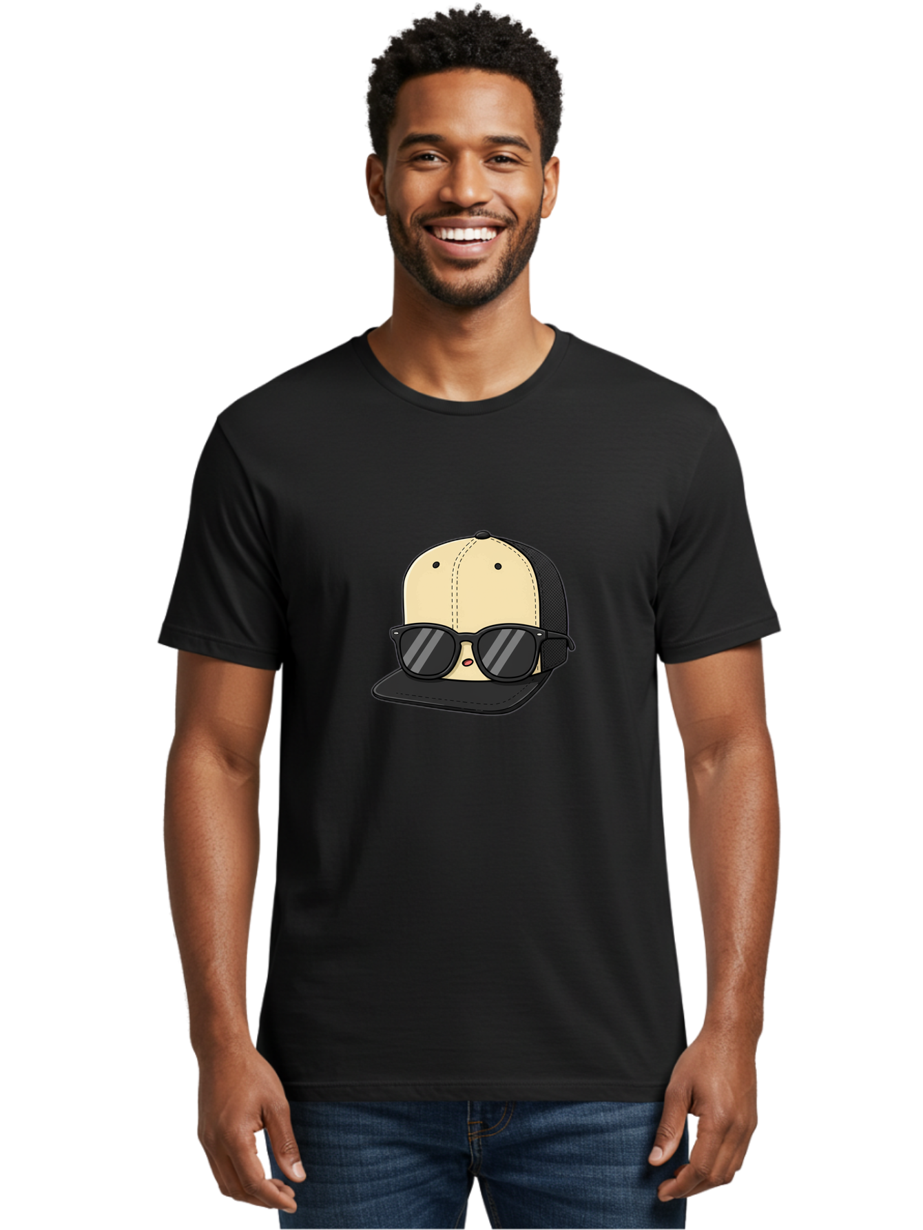 Baseball-Cap-1 Men'S Graphic Tee, 100% Cotton, Comfortable Casual Summer Wear, Machine Washable, Baseball Cap, Sunglasses, Cool Guy, Hipster Style, Trendy Accessories, Fashionable Hat, Cartoon Character, Black And Tan, Shades, Cool Vibes Bac615 21