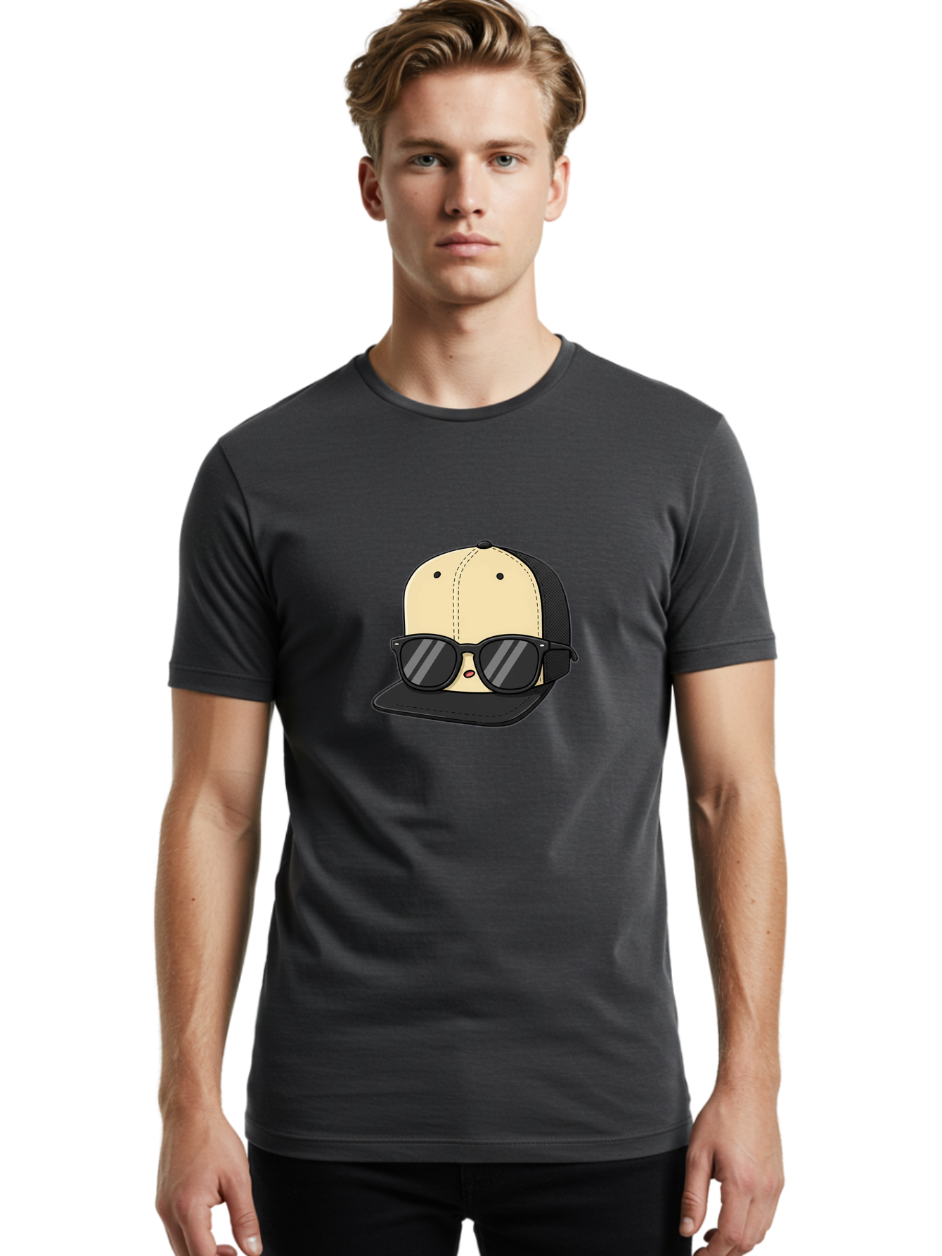 Baseball-Cap-1 Men'S Graphic Tee, 100% Cotton, Comfortable Casual Summer Wear, Machine Washable, Baseball Cap, Sunglasses, Cool Guy, Hipster Style, Trendy Accessories, Fashionable Hat, Cartoon Character, Black And Tan, Shades, Cool Vibes Bac615 24