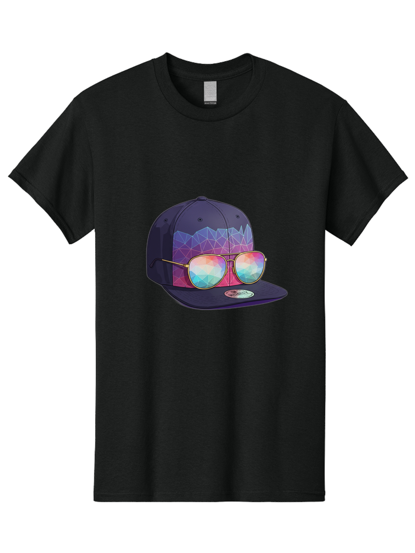 Baseball-Cap-With-Sunglasses-1 Men'S Graphic Tee, 100% Cotton, Comfortable Casual Summer Wear, Machine Washable, Baseball Cap, Sunglasses, Futuristic Style, Rainbow Colors, Gold Frames, Colorful Reflections, Modern Fashion, Trendy Accessories Bac616 3