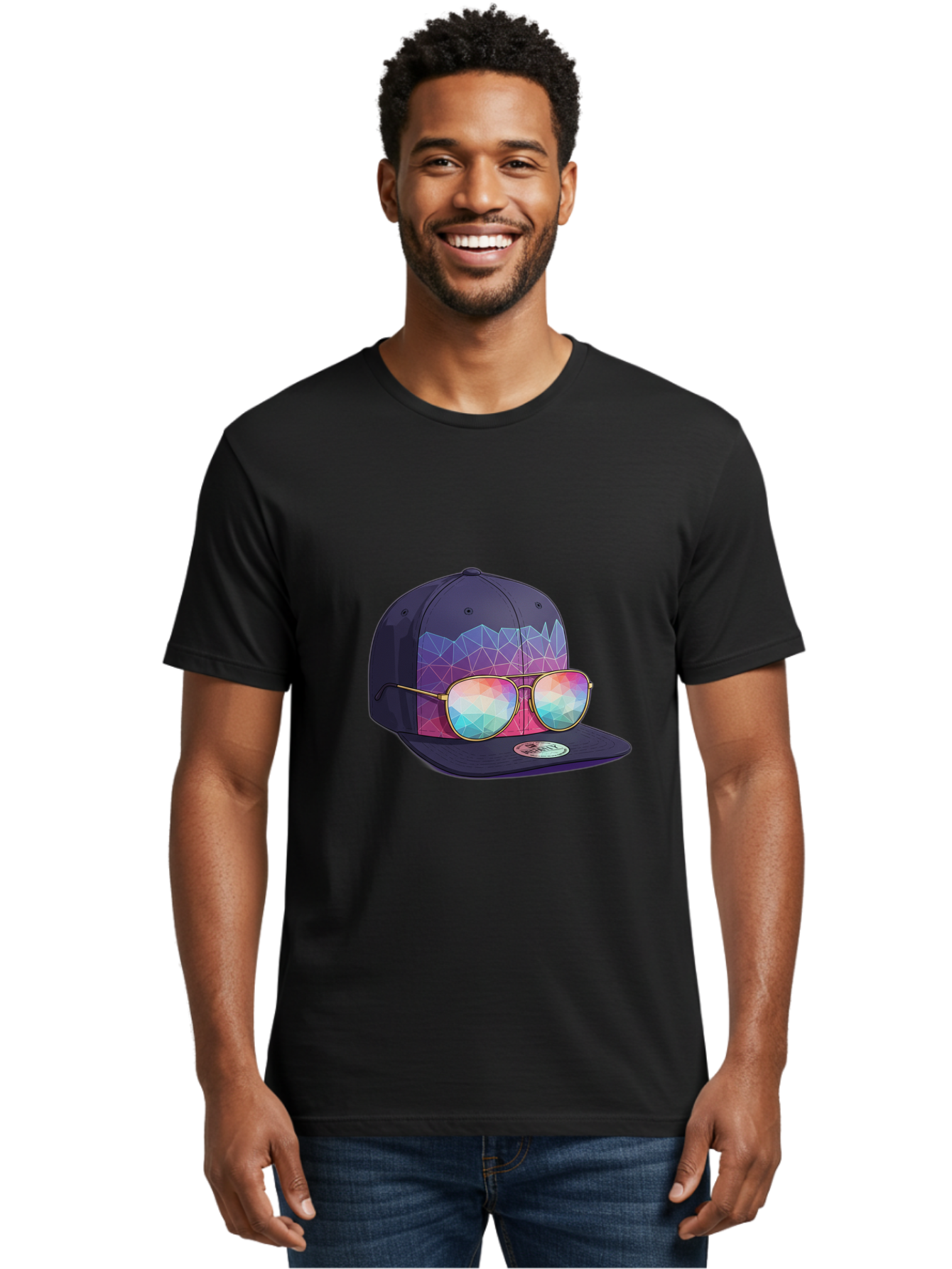 Baseball-Cap-With-Sunglasses-1 Men'S Graphic Tee, 100% Cotton, Comfortable Casual Summer Wear, Machine Washable, Baseball Cap, Sunglasses, Futuristic Style, Rainbow Colors, Gold Frames, Colorful Reflections, Modern Fashion, Trendy Accessories Bac616 18