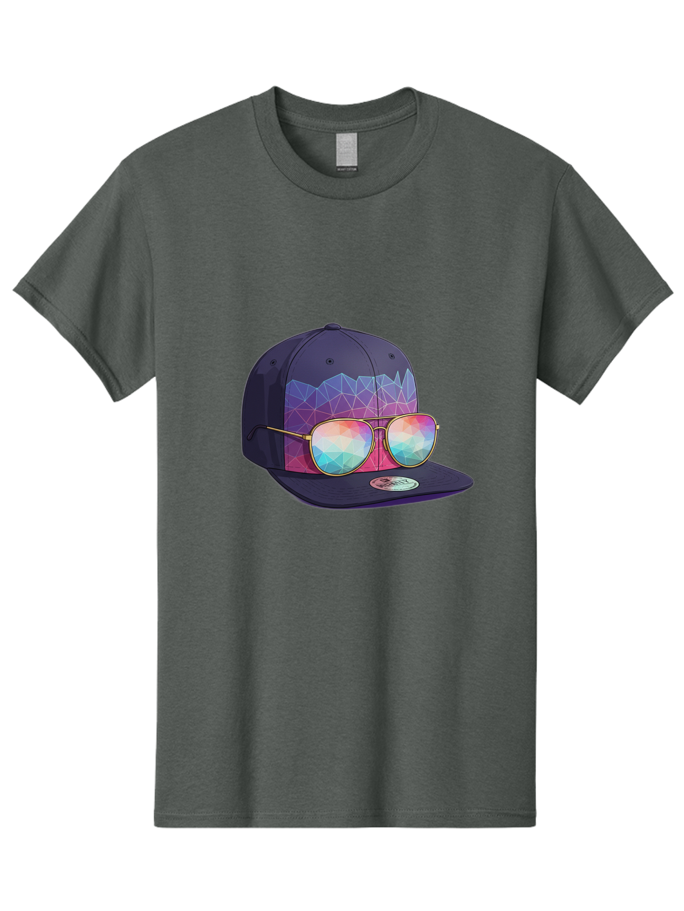 Baseball-Cap-With-Sunglasses-1 Men'S Graphic Tee, 100% Cotton, Comfortable Casual Summer Wear, Machine Washable, Baseball Cap, Sunglasses, Futuristic Style, Rainbow Colors, Gold Frames, Colorful Reflections, Modern Fashion, Trendy Accessories Bac616 12