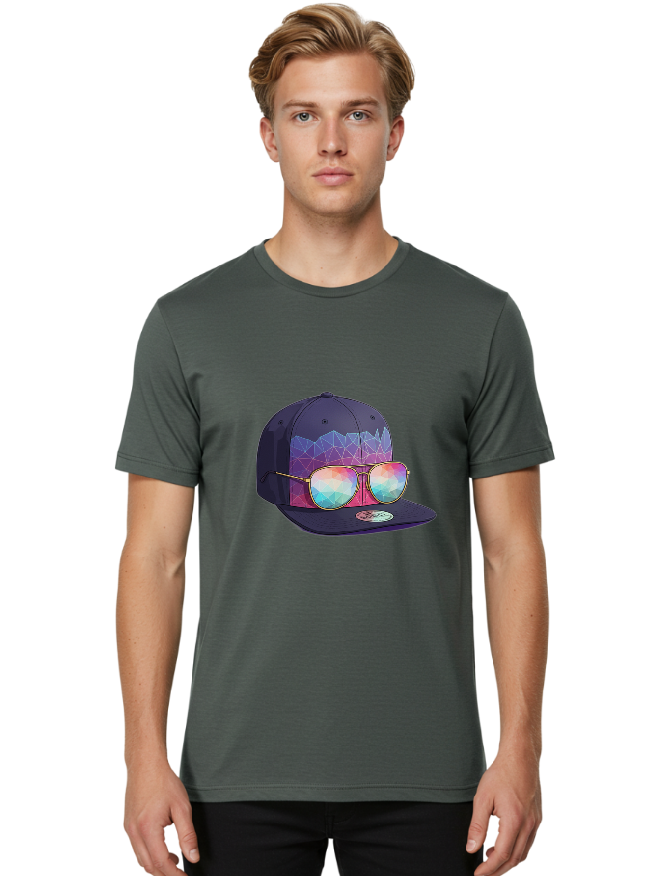 Baseball-Cap-With-Sunglasses-1 Men'S Graphic Tee, 100% Cotton, Comfortable Casual Summer Wear, Machine Washable, Baseball Cap, Sunglasses, Futuristic Style, Rainbow Colors, Gold Frames, Colorful Reflections, Modern Fashion, Trendy Accessories Bac616 27