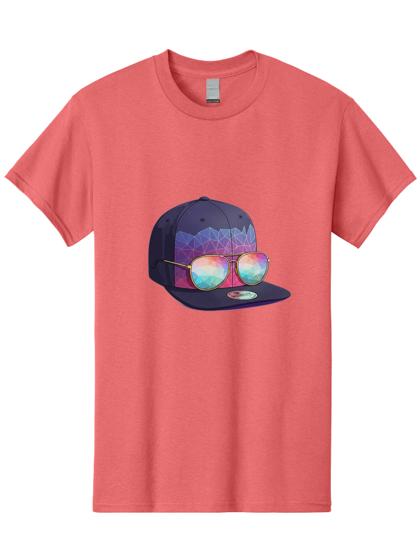 Baseball-Cap-With-Sunglasses-1 Men'S Graphic Tee, 100% Cotton, Comfortable Casual Summer Wear, Machine Washable, Baseball Cap, Sunglasses, Futuristic Style, Rainbow Colors, Gold Frames, Colorful Reflections, Modern Fashion, Trendy Accessories Bac616 8
