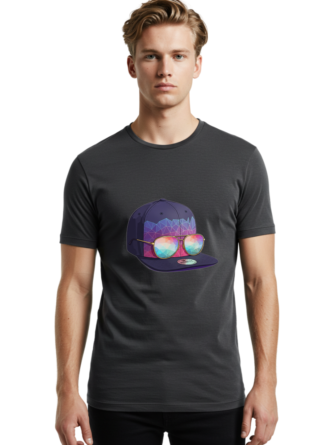 Baseball-Cap-With-Sunglasses-1 Men'S Graphic Tee, 100% Cotton, Comfortable Casual Summer Wear, Machine Washable, Baseball Cap, Sunglasses, Futuristic Style, Rainbow Colors, Gold Frames, Colorful Reflections, Modern Fashion, Trendy Accessories Bac616 21