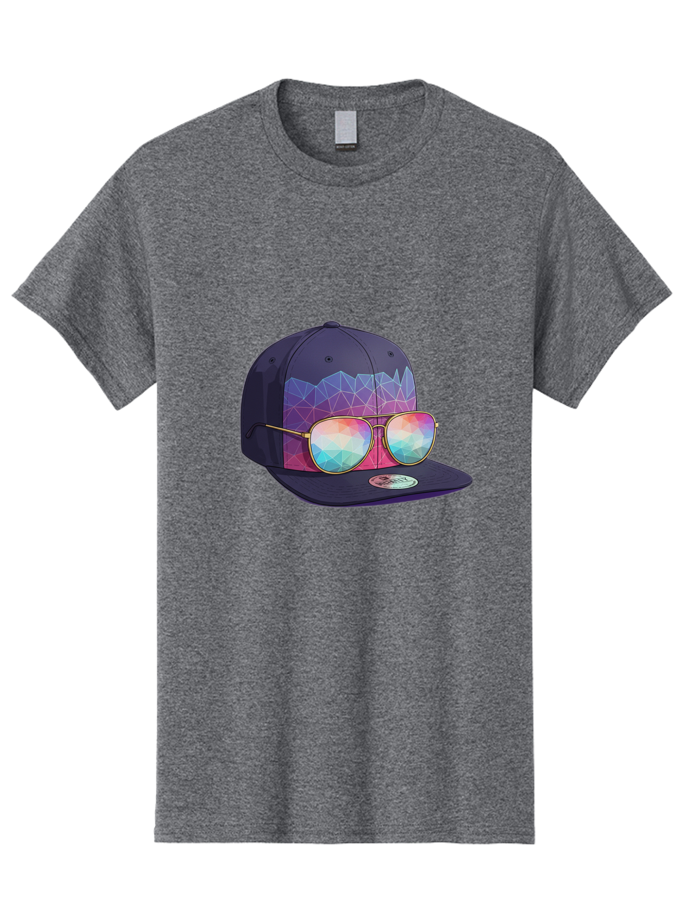 Baseball-Cap-With-Sunglasses-1 Men'S Graphic Tee, 100% Cotton, Comfortable Casual Summer Wear, Machine Washable, Baseball Cap, Sunglasses, Futuristic Style, Rainbow Colors, Gold Frames, Colorful Reflections, Modern Fashion, Trendy Accessories Bac616 15