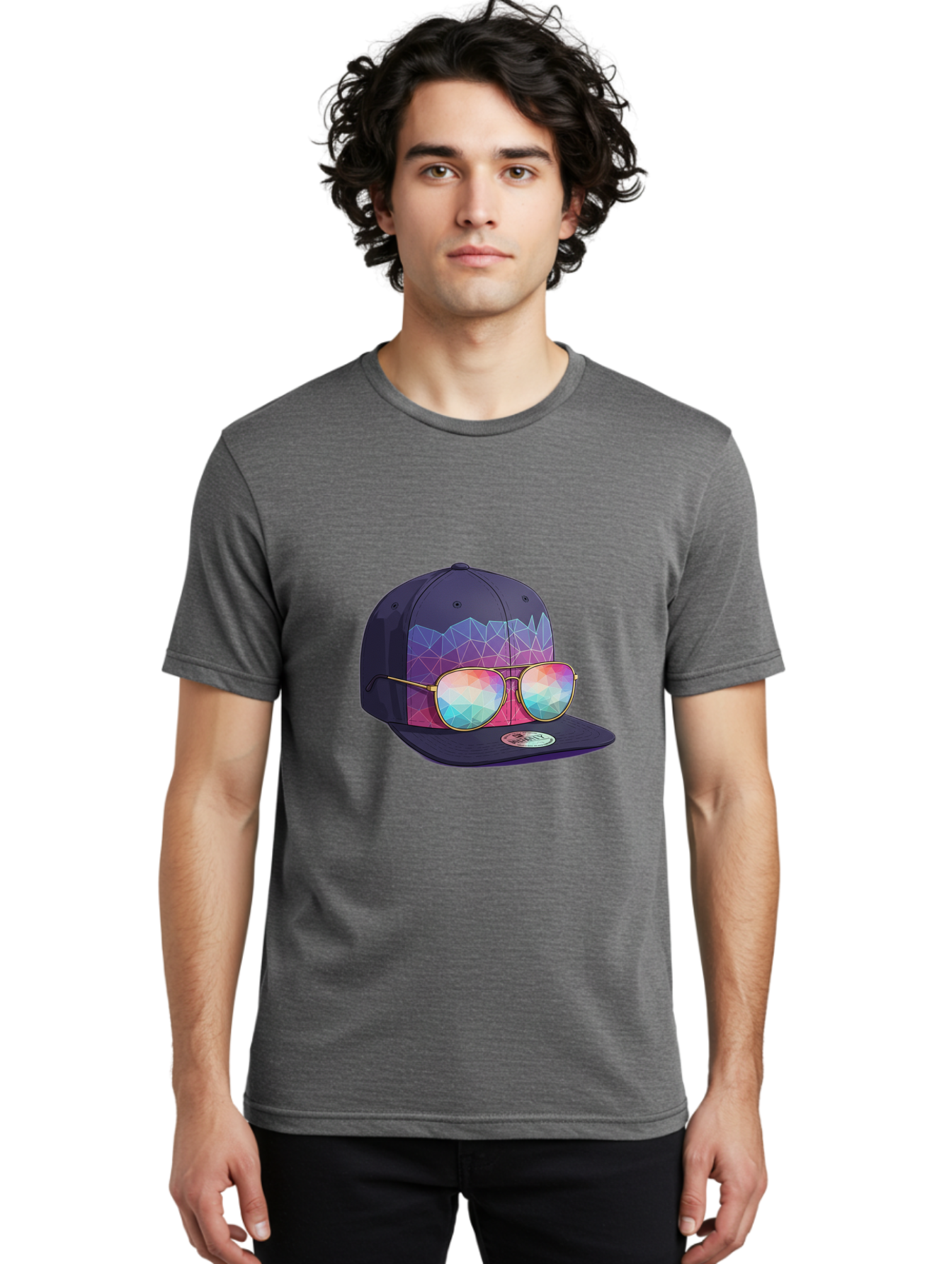 Baseball-Cap-With-Sunglasses-1 Men'S Graphic Tee, 100% Cotton, Comfortable Casual Summer Wear, Machine Washable, Baseball Cap, Sunglasses, Futuristic Style, Rainbow Colors, Gold Frames, Colorful Reflections, Modern Fashion, Trendy Accessories Bac616 30
