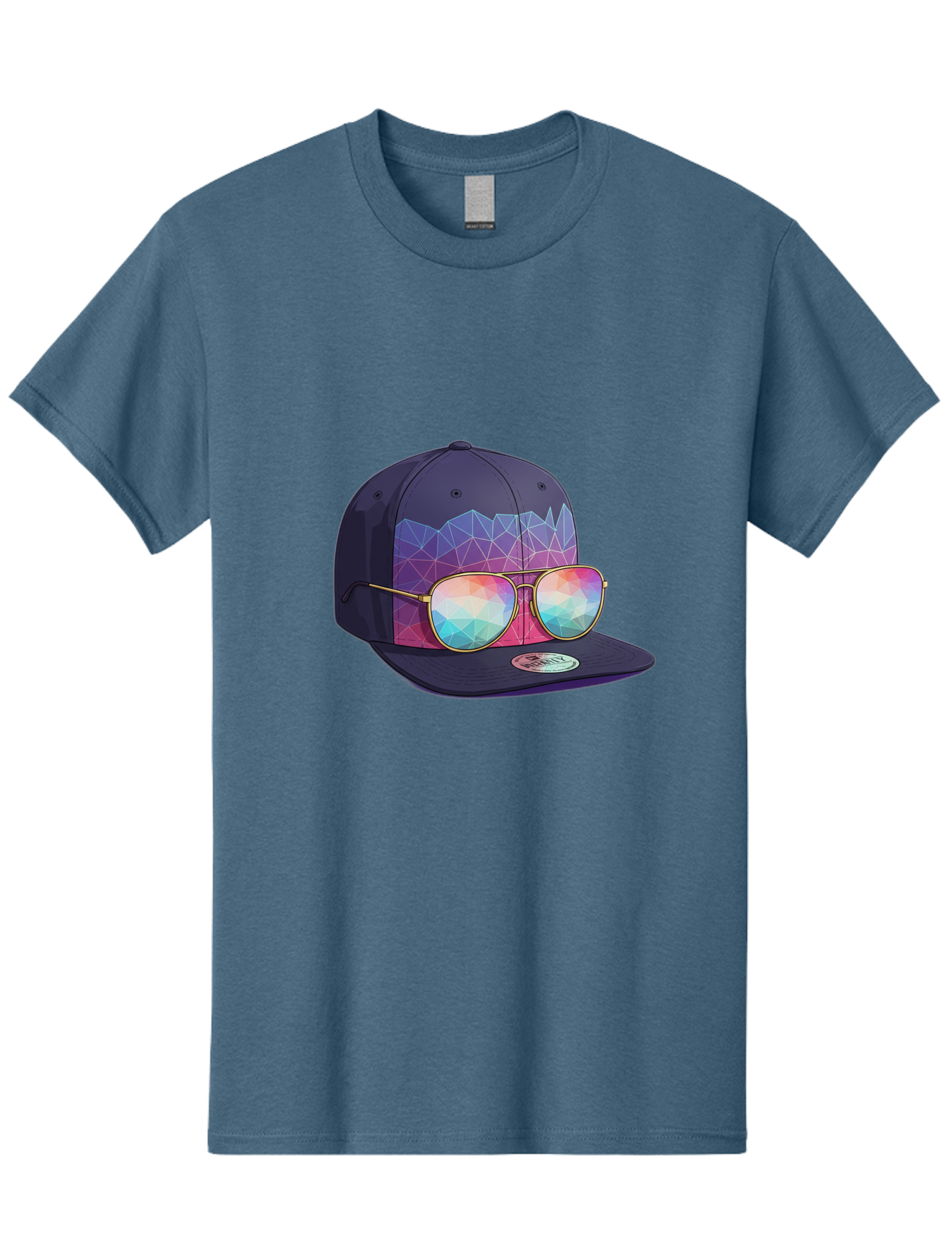 Baseball-Cap-With-Sunglasses-1 Men'S Graphic Tee, 100% Cotton, Comfortable Casual Summer Wear, Machine Washable, Baseball Cap, Sunglasses, Futuristic Style, Rainbow Colors, Gold Frames, Colorful Reflections, Modern Fashion, Trendy Accessories Bac616 14