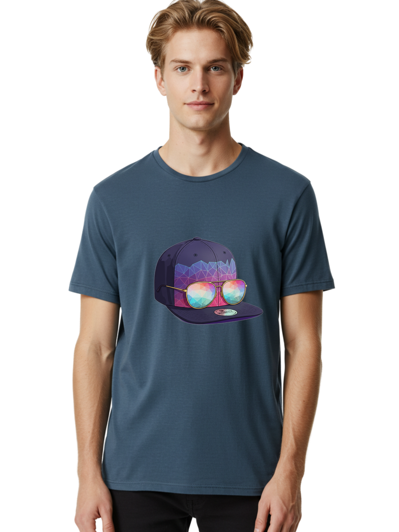 Baseball-Cap-With-Sunglasses-1 Men'S Graphic Tee, 100% Cotton, Comfortable Casual Summer Wear, Machine Washable, Baseball Cap, Sunglasses, Futuristic Style, Rainbow Colors, Gold Frames, Colorful Reflections, Modern Fashion, Trendy Accessories Bac616 29