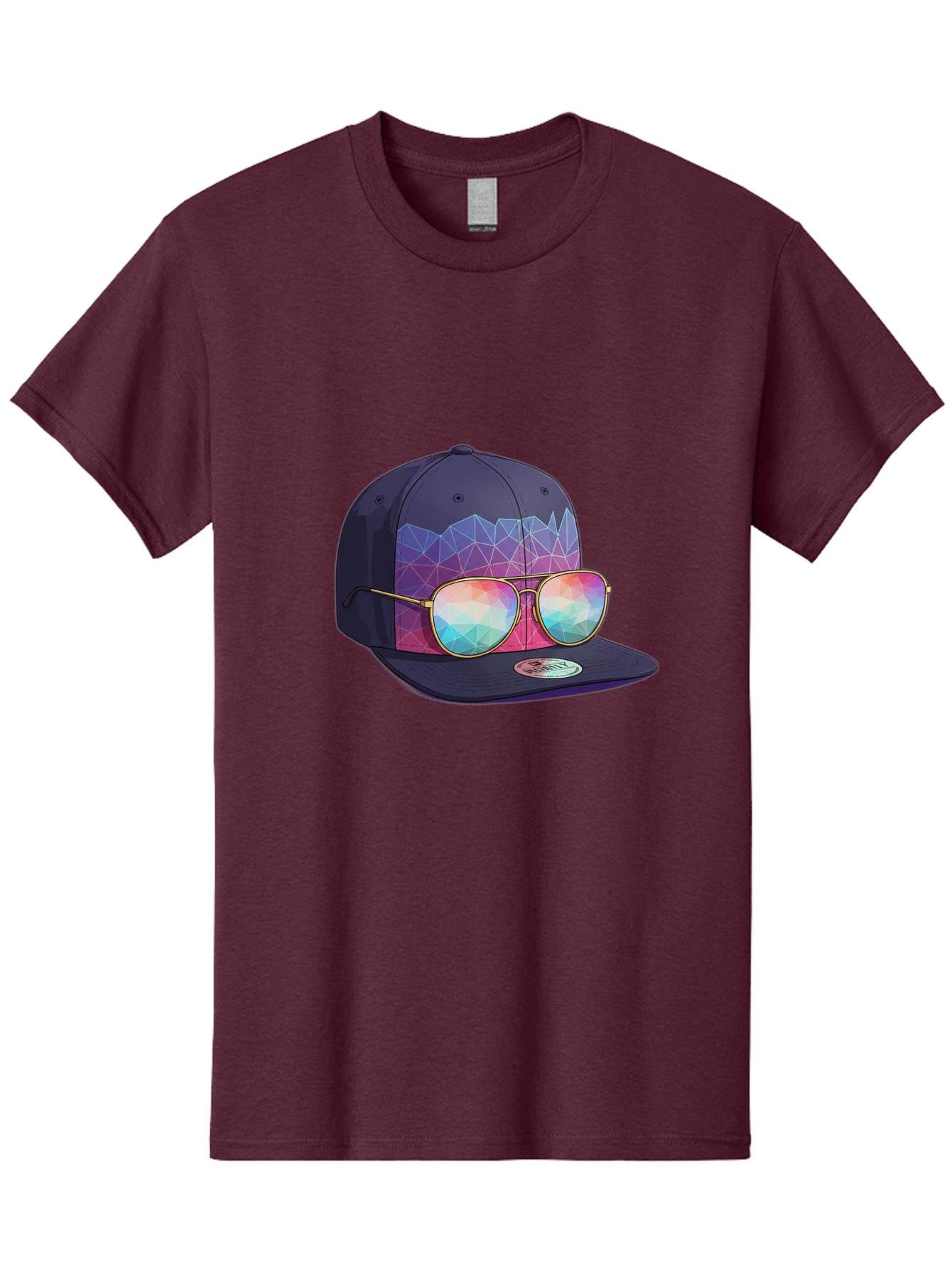 Baseball-Cap-With-Sunglasses-1 Men'S Graphic Tee, 100% Cotton, Comfortable Casual Summer Wear, Machine Washable, Baseball Cap, Sunglasses, Futuristic Style, Rainbow Colors, Gold Frames, Colorful Reflections, Modern Fashion, Trendy Accessories Bac616 11