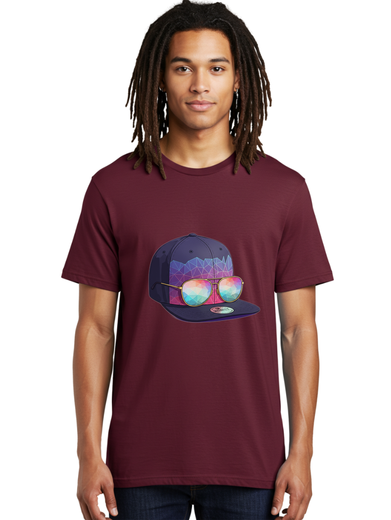 Baseball-Cap-With-Sunglasses-1 Men'S Graphic Tee, 100% Cotton, Comfortable Casual Summer Wear, Machine Washable, Baseball Cap, Sunglasses, Futuristic Style, Rainbow Colors, Gold Frames, Colorful Reflections, Modern Fashion, Trendy Accessories Bac616 26
