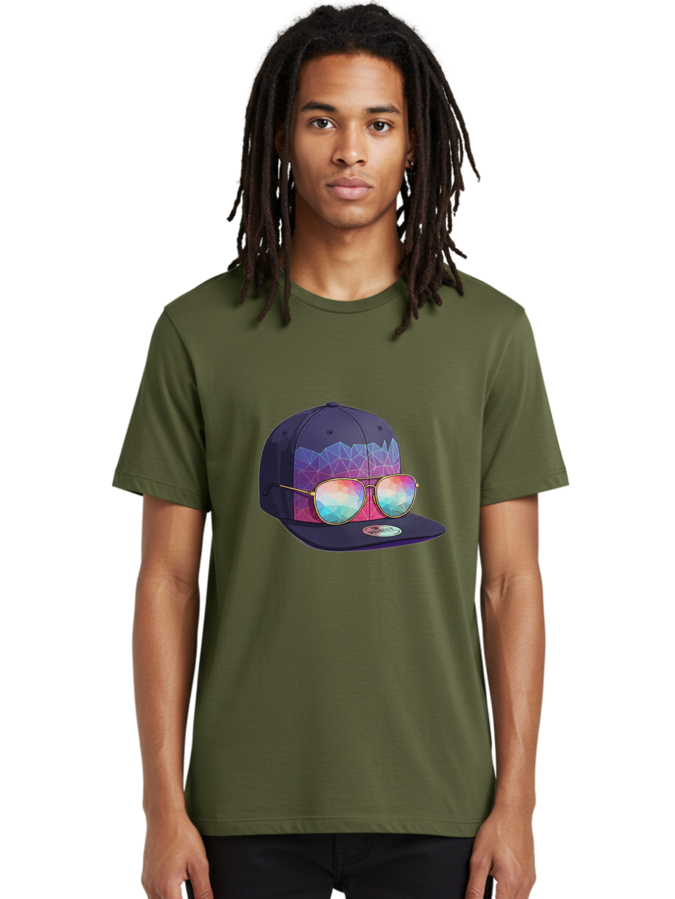 Baseball-Cap-With-Sunglasses-1 Men'S Graphic Tee, 100% Cotton, Comfortable Casual Summer Wear, Machine Washable, Baseball Cap, Sunglasses, Futuristic Style, Rainbow Colors, Gold Frames, Colorful Reflections, Modern Fashion, Trendy Accessories Bac616 22