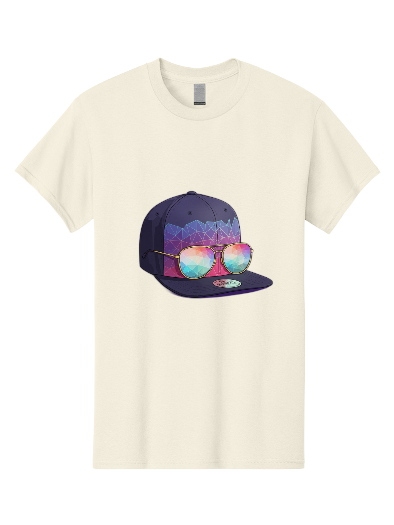 Baseball-Cap-With-Sunglasses-1 Men'S Graphic Tee, 100% Cotton, Comfortable Casual Summer Wear, Machine Washable, Baseball Cap, Sunglasses, Futuristic Style, Rainbow Colors, Gold Frames, Colorful Reflections, Modern Fashion, Trendy Accessories Bac616 5