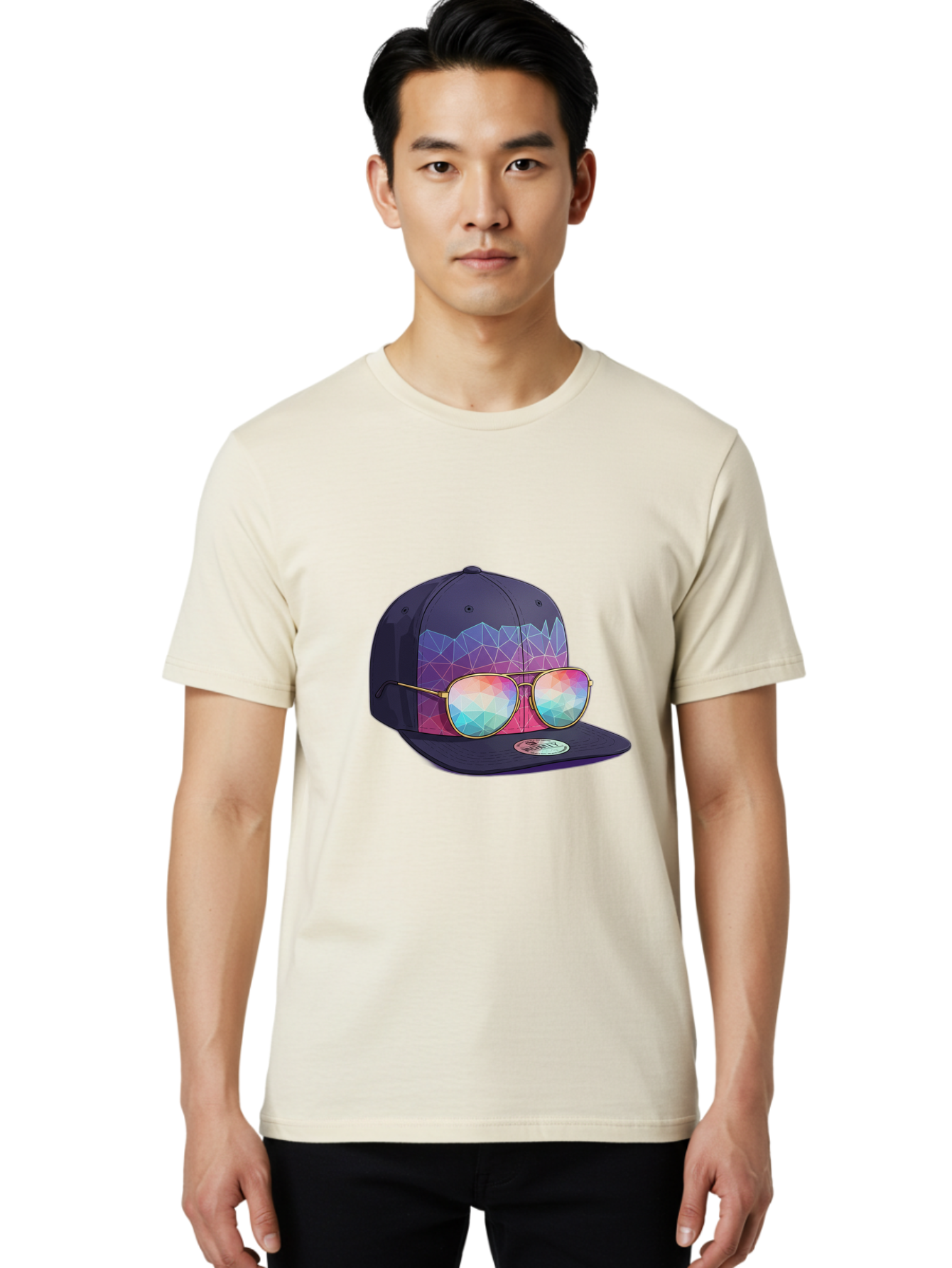 Baseball-Cap-With-Sunglasses-1 Men'S Graphic Tee, 100% Cotton, Comfortable Casual Summer Wear, Machine Washable, Baseball Cap, Sunglasses, Futuristic Style, Rainbow Colors, Gold Frames, Colorful Reflections, Modern Fashion, Trendy Accessories Bac616 20