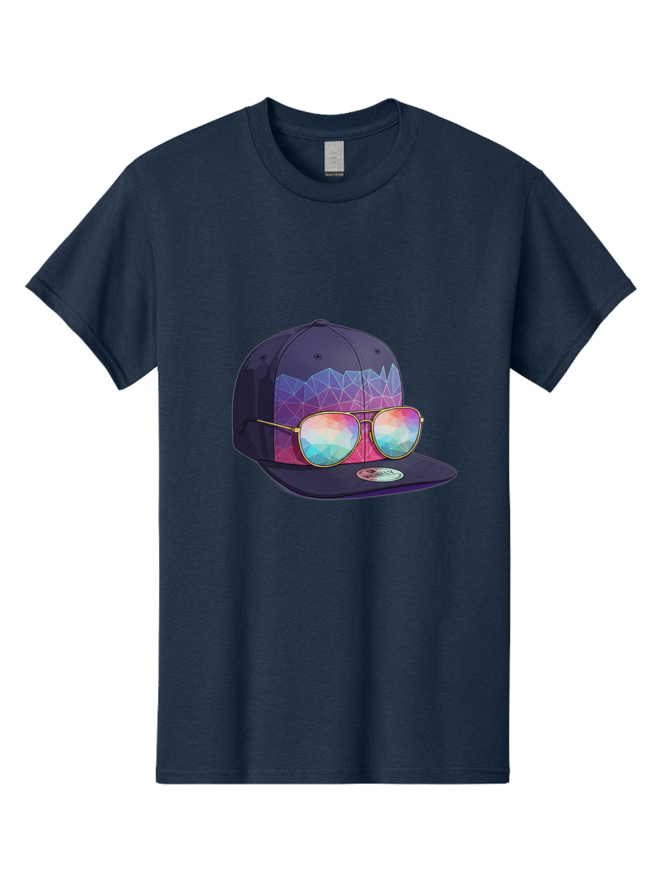 Baseball-Cap-With-Sunglasses-1 Men'S Graphic Tee, 100% Cotton, Comfortable Casual Summer Wear, Machine Washable, Baseball Cap, Sunglasses, Futuristic Style, Rainbow Colors, Gold Frames, Colorful Reflections, Modern Fashion, Trendy Accessories Bac616 13