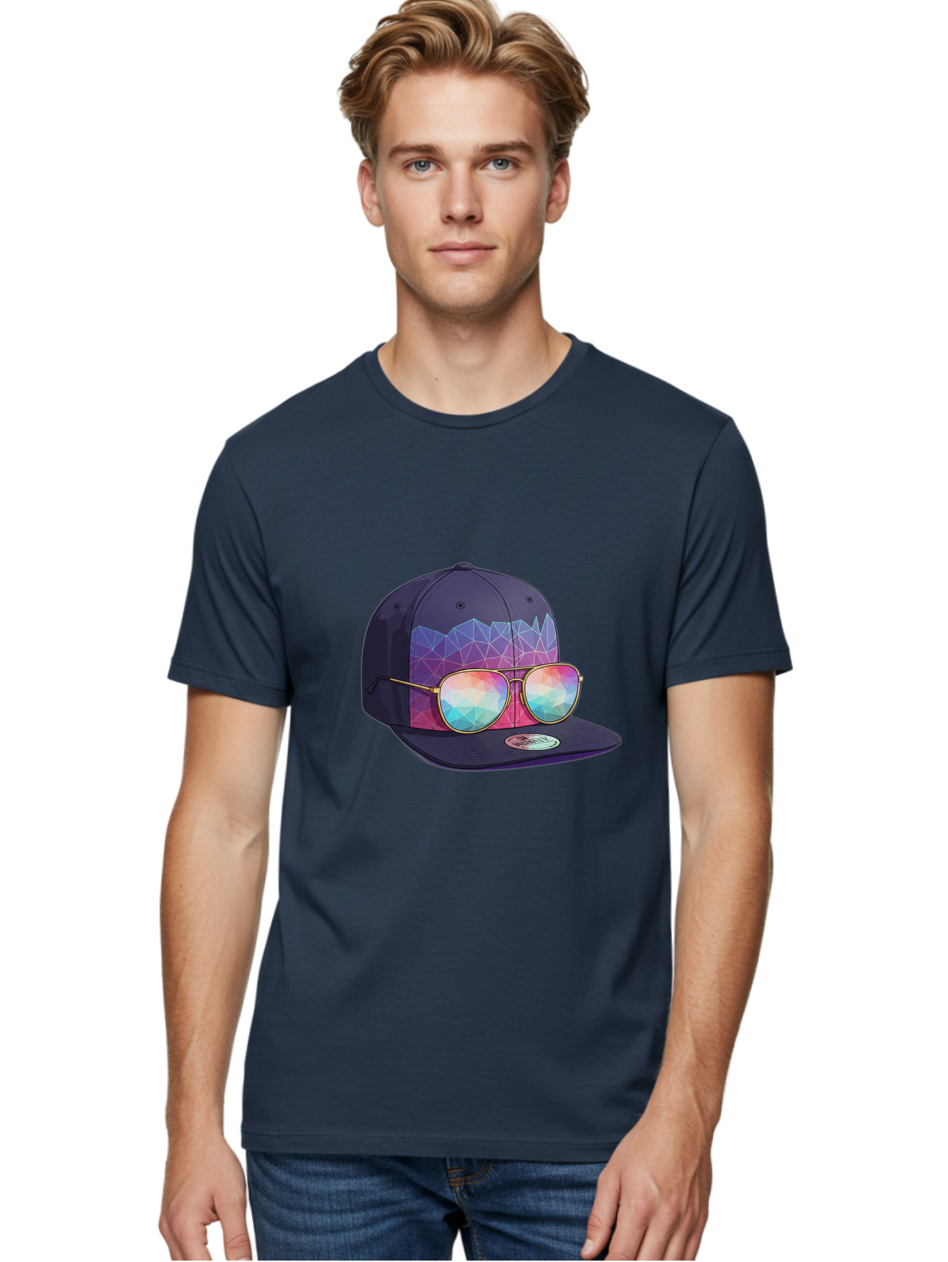 Baseball-Cap-With-Sunglasses-1 Men'S Graphic Tee, 100% Cotton, Comfortable Casual Summer Wear, Machine Washable, Baseball Cap, Sunglasses, Futuristic Style, Rainbow Colors, Gold Frames, Colorful Reflections, Modern Fashion, Trendy Accessories Bac616 28