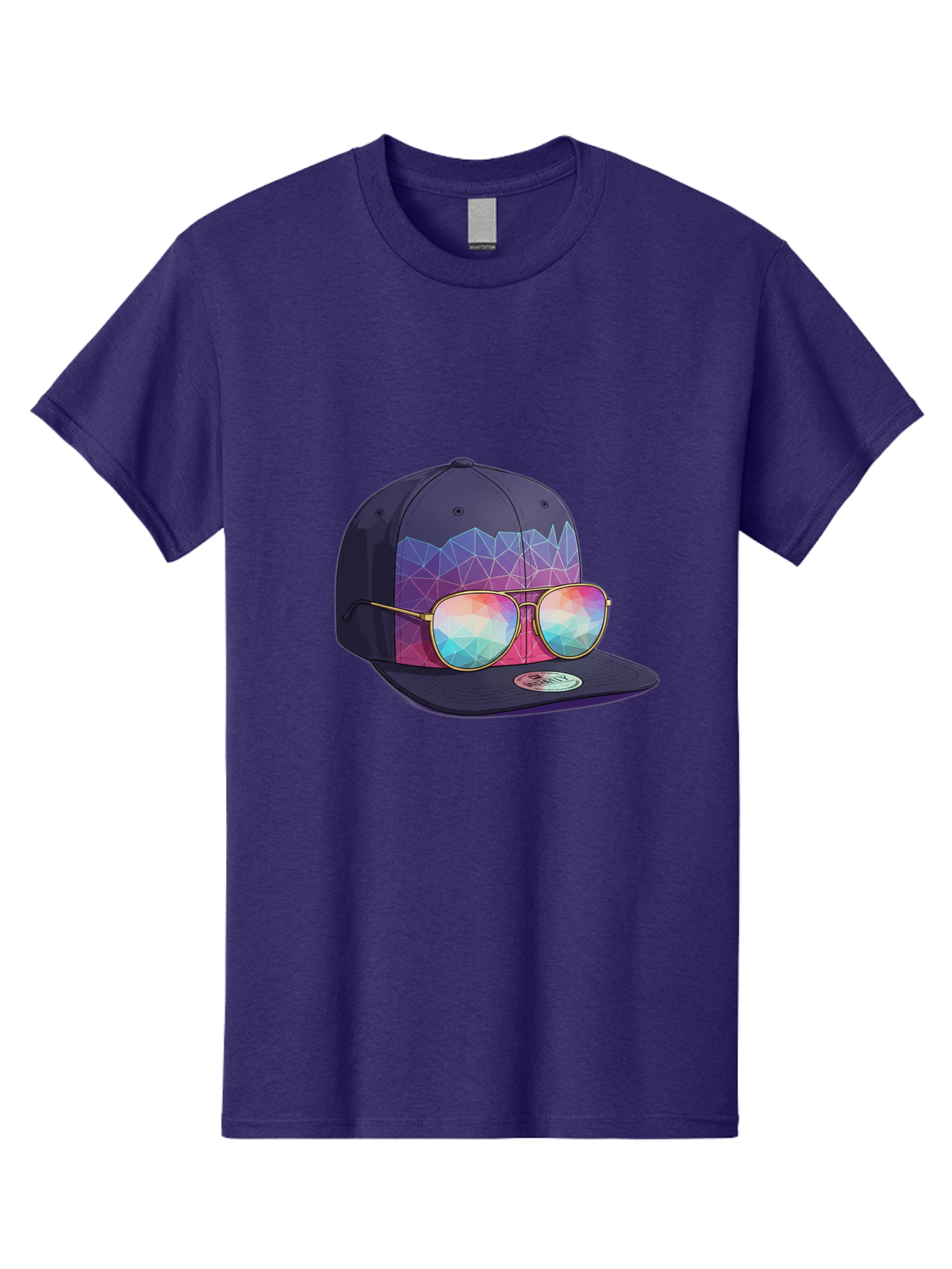 Baseball-Cap-With-Sunglasses-1 Men'S Graphic Tee, 100% Cotton, Comfortable Casual Summer Wear, Machine Washable, Baseball Cap, Sunglasses, Futuristic Style, Rainbow Colors, Gold Frames, Colorful Reflections, Modern Fashion, Trendy Accessories Bac616 4