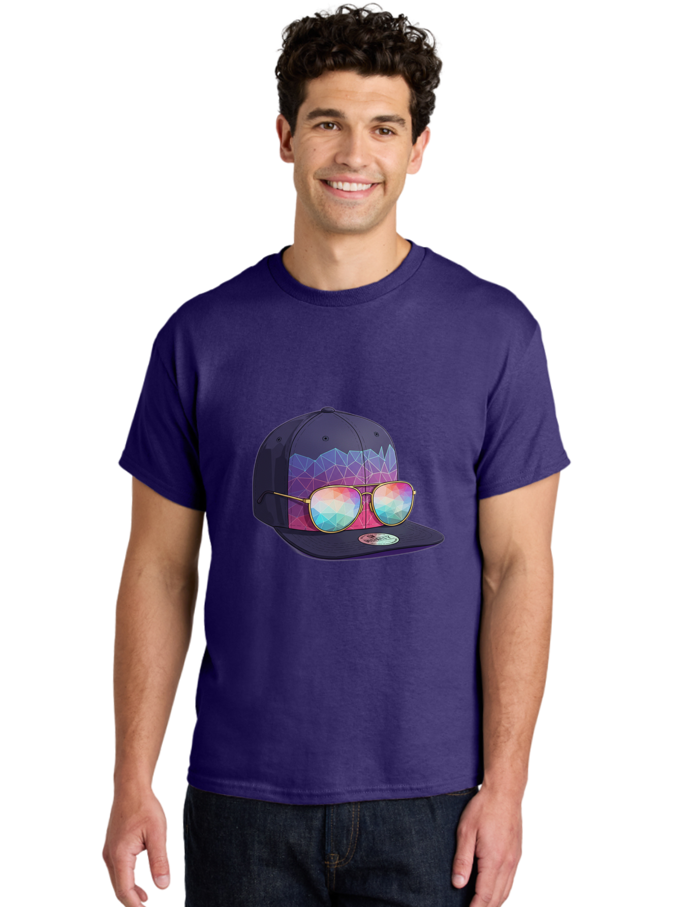 Baseball-Cap-With-Sunglasses-1 Men'S Graphic Tee, 100% Cotton, Comfortable Casual Summer Wear, Machine Washable, Baseball Cap, Sunglasses, Futuristic Style, Rainbow Colors, Gold Frames, Colorful Reflections, Modern Fashion, Trendy Accessories Bac616 19