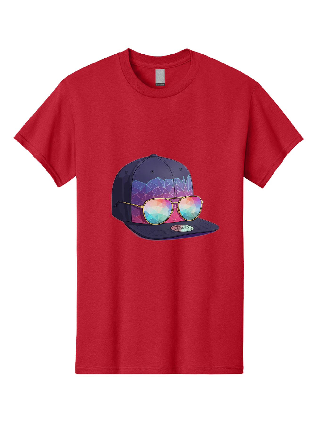 Baseball-Cap-With-Sunglasses-1 Men'S Graphic Tee, 100% Cotton, Comfortable Casual Summer Wear, Machine Washable, Baseball Cap, Sunglasses, Futuristic Style, Rainbow Colors, Gold Frames, Colorful Reflections, Modern Fashion, Trendy Accessories Bac616 9