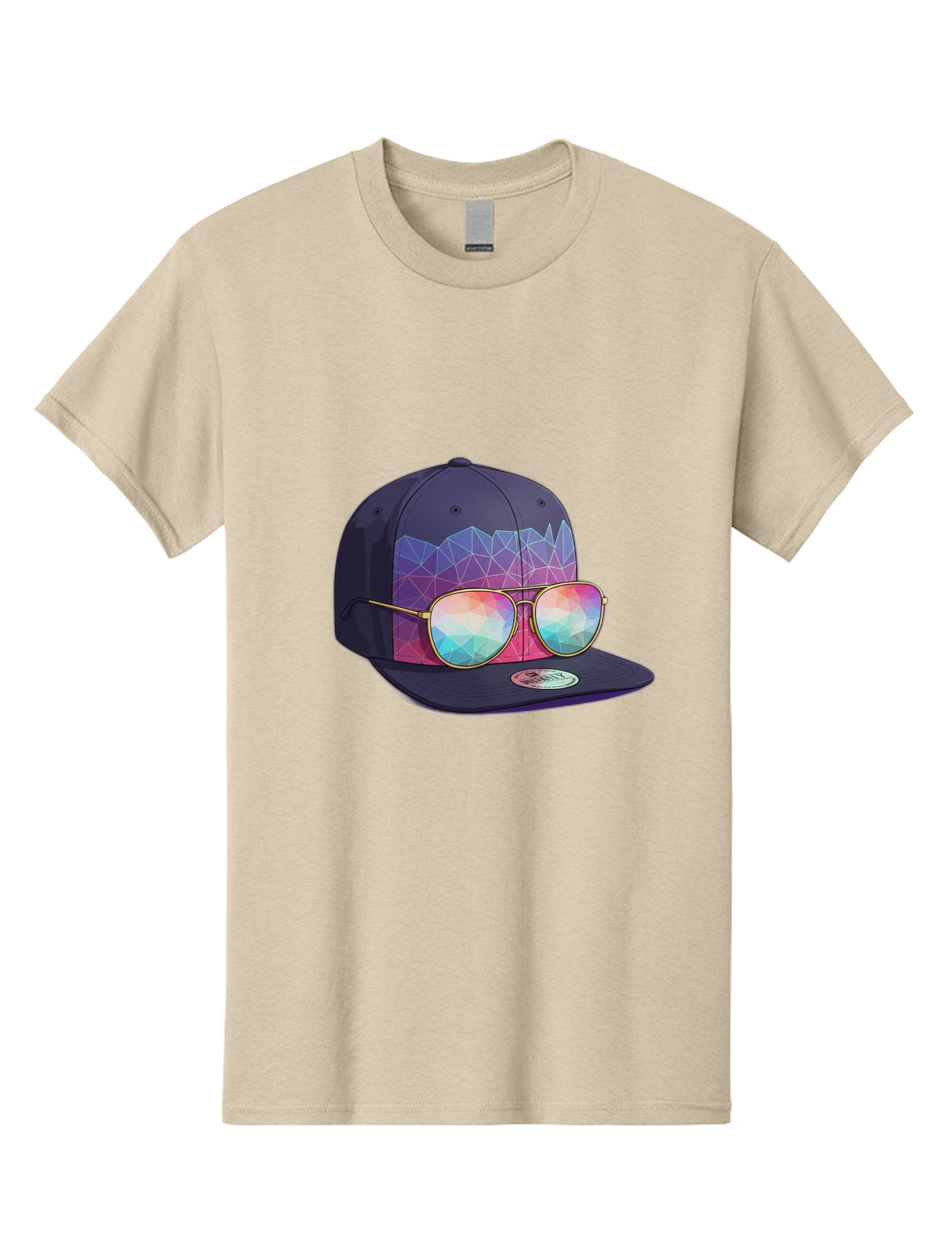 Baseball-Cap-With-Sunglasses-1 Men'S Graphic Tee, 100% Cotton, Comfortable Casual Summer Wear, Machine Washable, Baseball Cap, Sunglasses, Futuristic Style, Rainbow Colors, Gold Frames, Colorful Reflections, Modern Fashion, Trendy Accessories Bac616 10