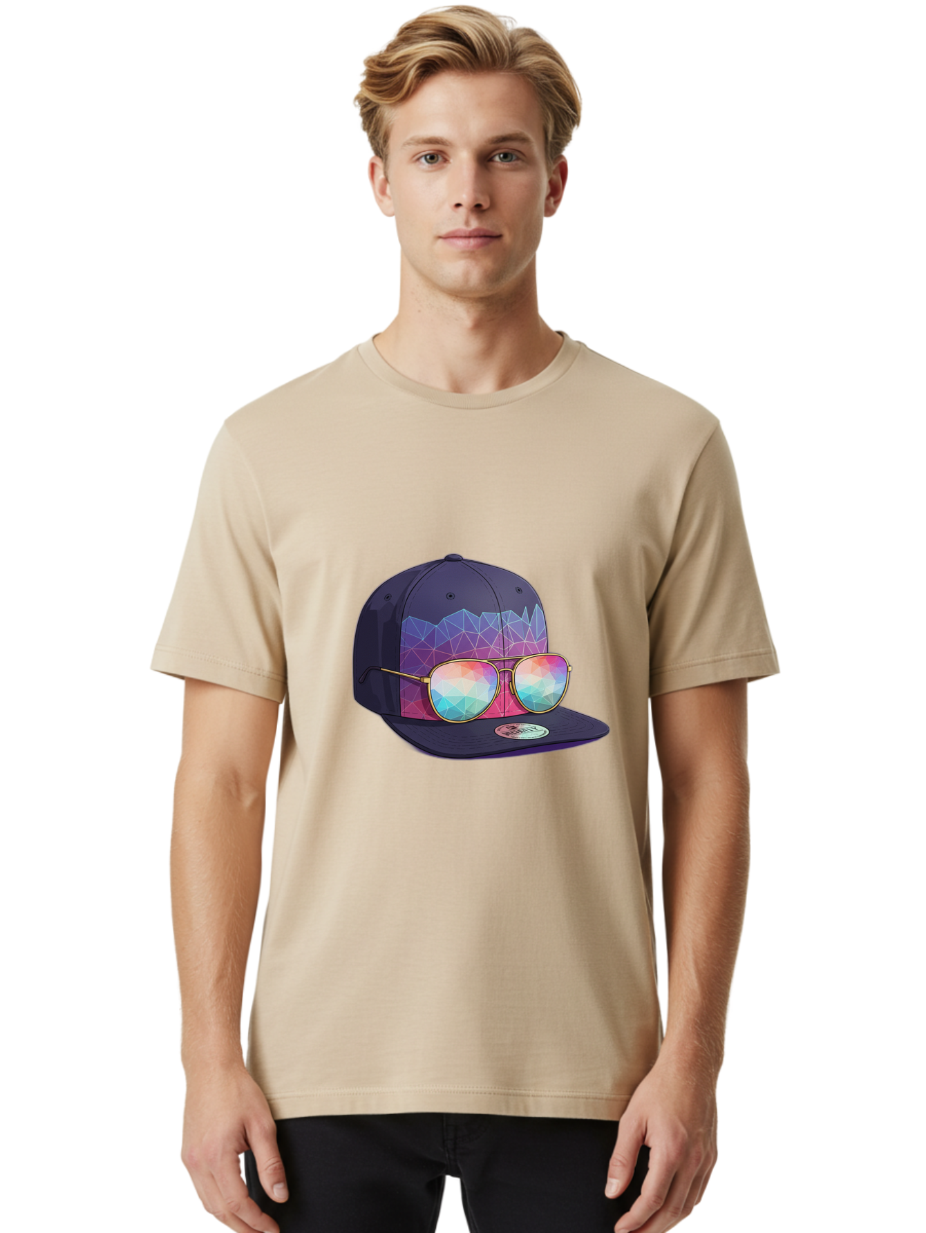Baseball-Cap-With-Sunglasses-1 Men'S Graphic Tee, 100% Cotton, Comfortable Casual Summer Wear, Machine Washable, Baseball Cap, Sunglasses, Futuristic Style, Rainbow Colors, Gold Frames, Colorful Reflections, Modern Fashion, Trendy Accessories Bac616 25